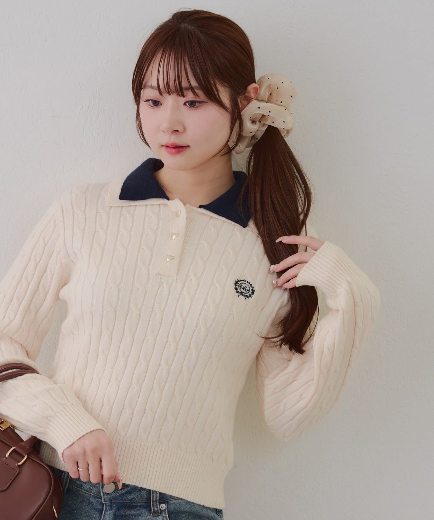 NICE CLAUP / OLIVE des OLIVE OUTLET(ナイスクラップ  / オリーブ デ オリーブ アウトレット) 【RMAF】2枚衿ケーブルポロニット