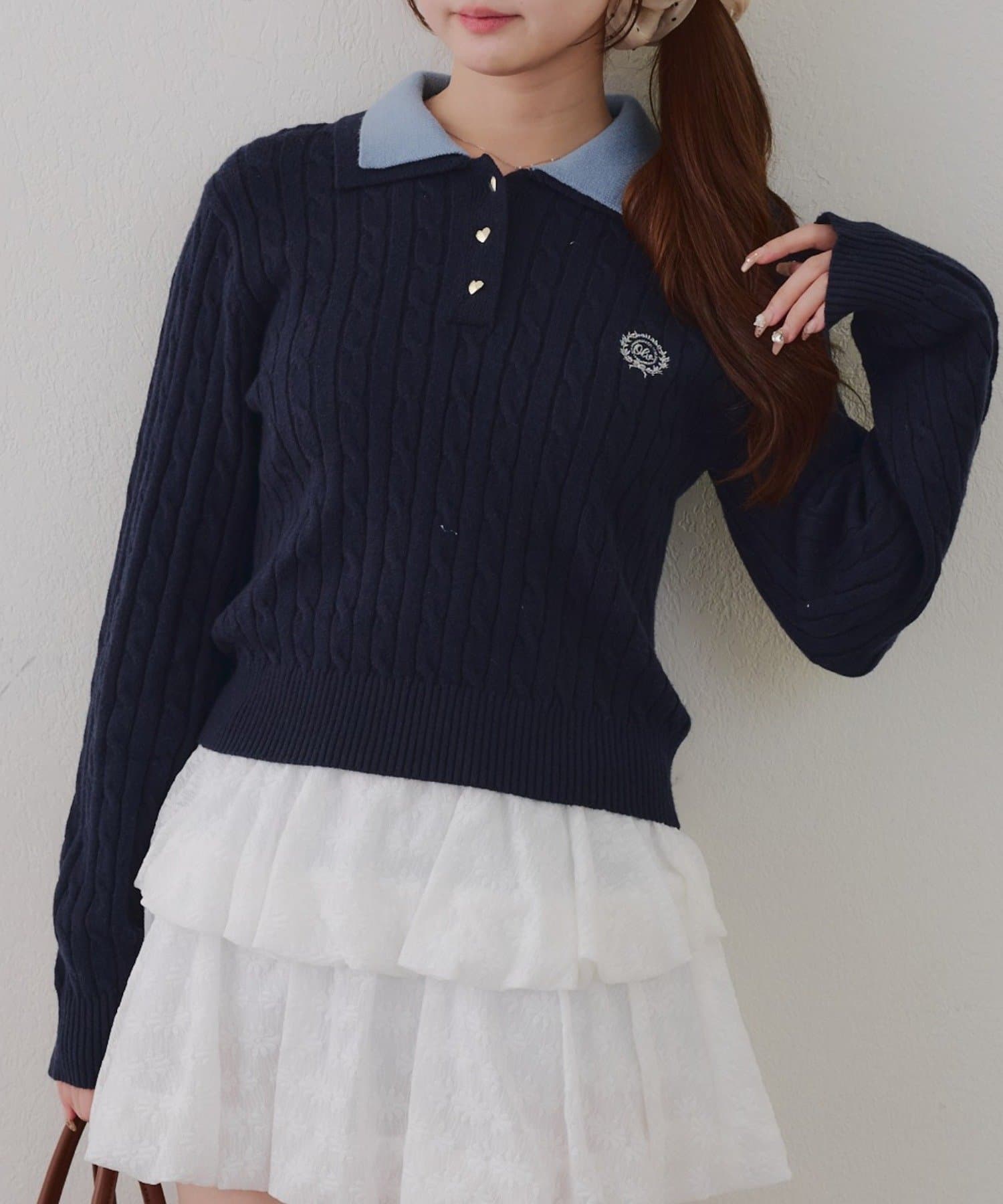 NICE CLAUP / OLIVE des OLIVE OUTLET(ナイスクラップ  / オリーブ デ オリーブ アウトレット) 【RMAF】2枚衿ケーブルポロニット