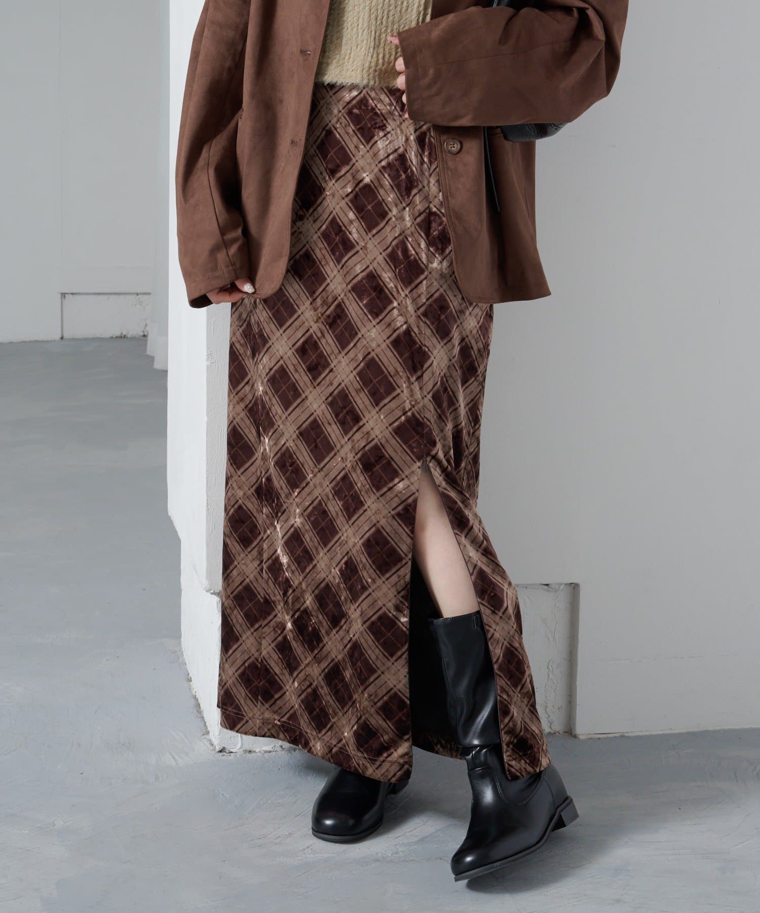 OUTLET(アウトレット) 【Kastane】チェックベロアスカート