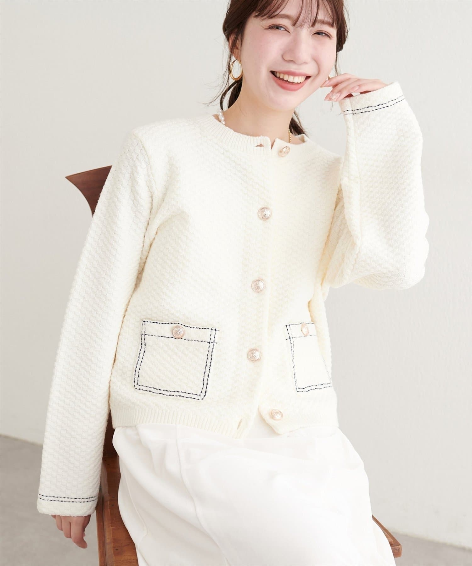 NICE CLAUP / OLIVE des OLIVE OUTLET(ナイスクラップ  / オリーブ デ オリーブ アウトレット) 【natural couture】配色ステッチ入りニットジャケット