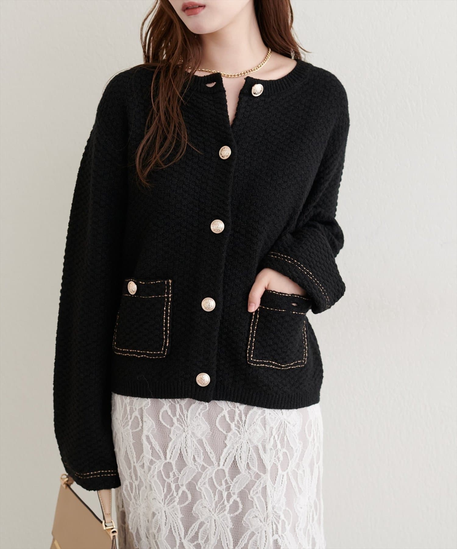 NICE CLAUP / OLIVE des OLIVE OUTLET(ナイスクラップ  / オリーブ デ オリーブ アウトレット) 【natural couture】配色ステッチ入りニットジャケット