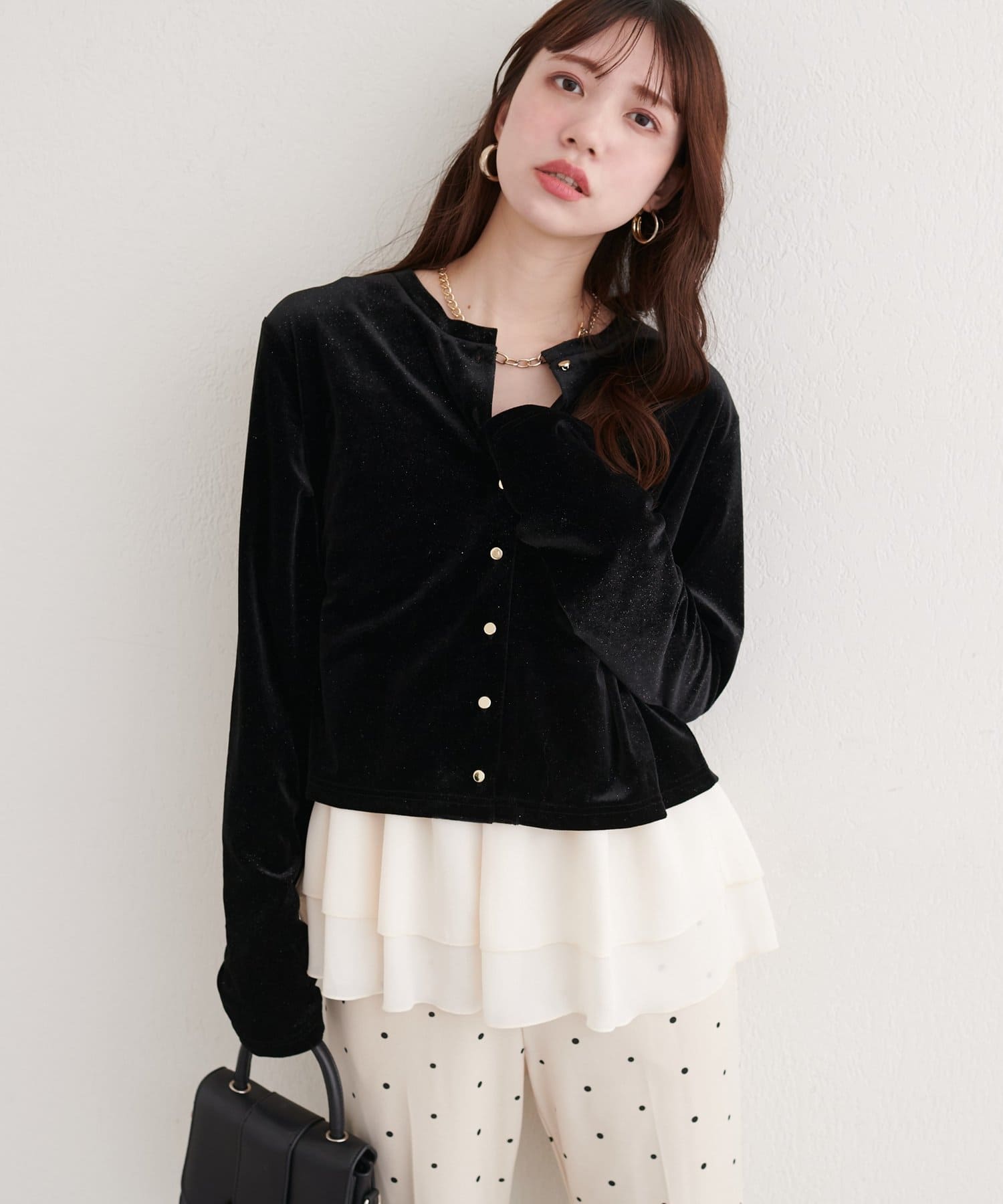 natural couture(ナチュラルクチュール) ラメベロアクルーネックカーディガン