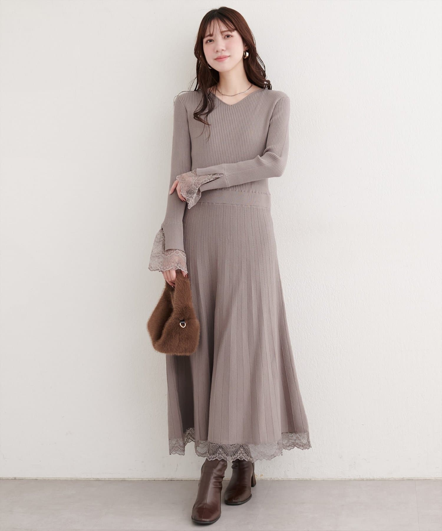 natural couture(ナチュラルクチュール) 袖口レースニットワンピース