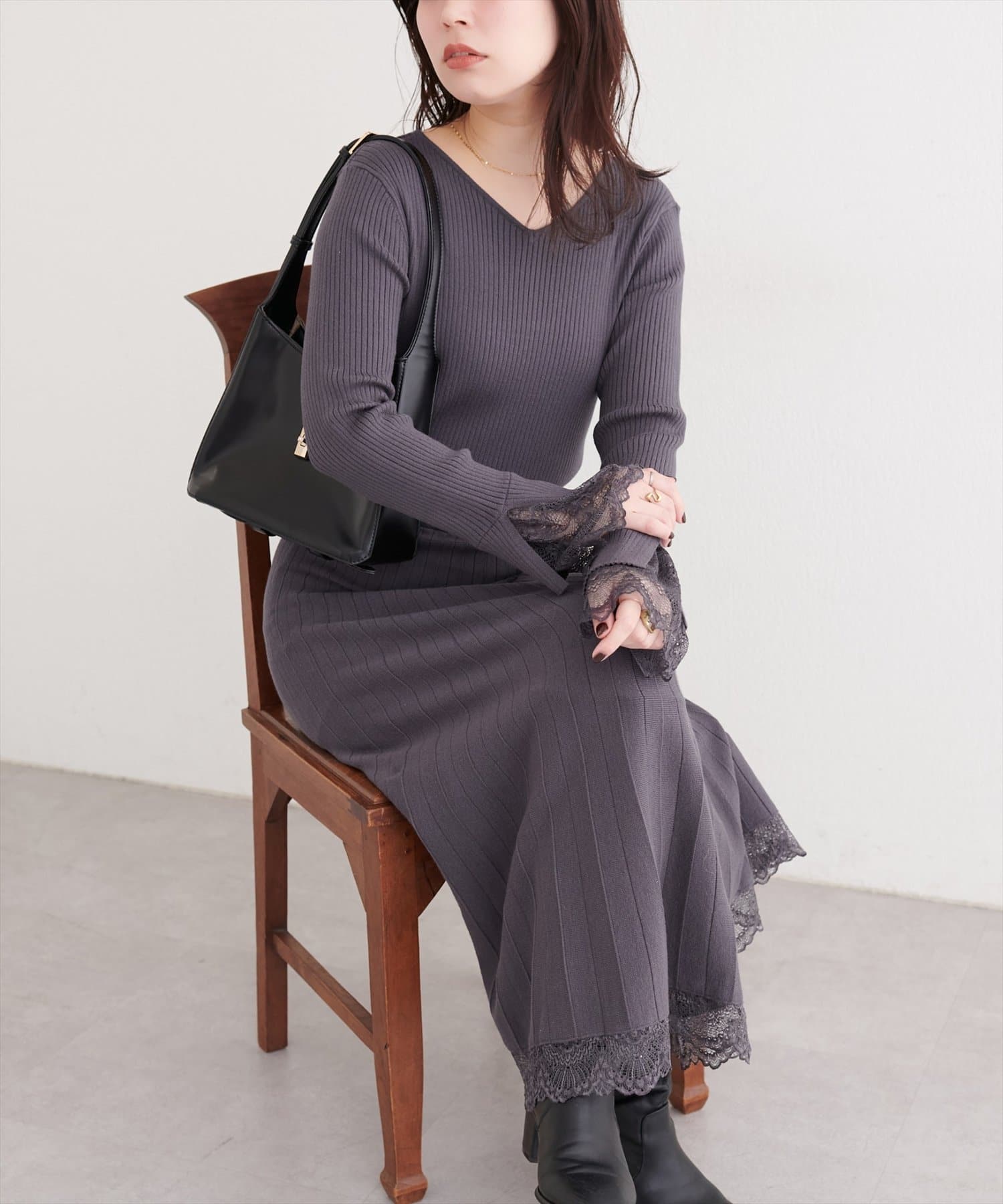 natural couture(ナチュラルクチュール) 袖口レースニットワンピース