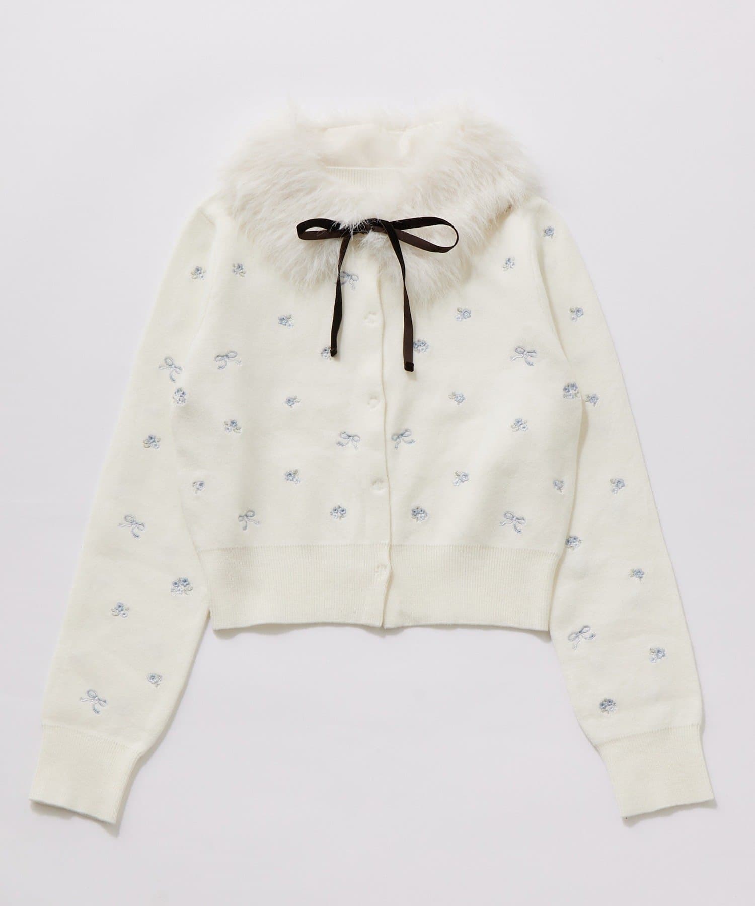 OLIVE des OLIVE(オリーブ デ オリーブ) 花刺繍ファーティペット付きニット