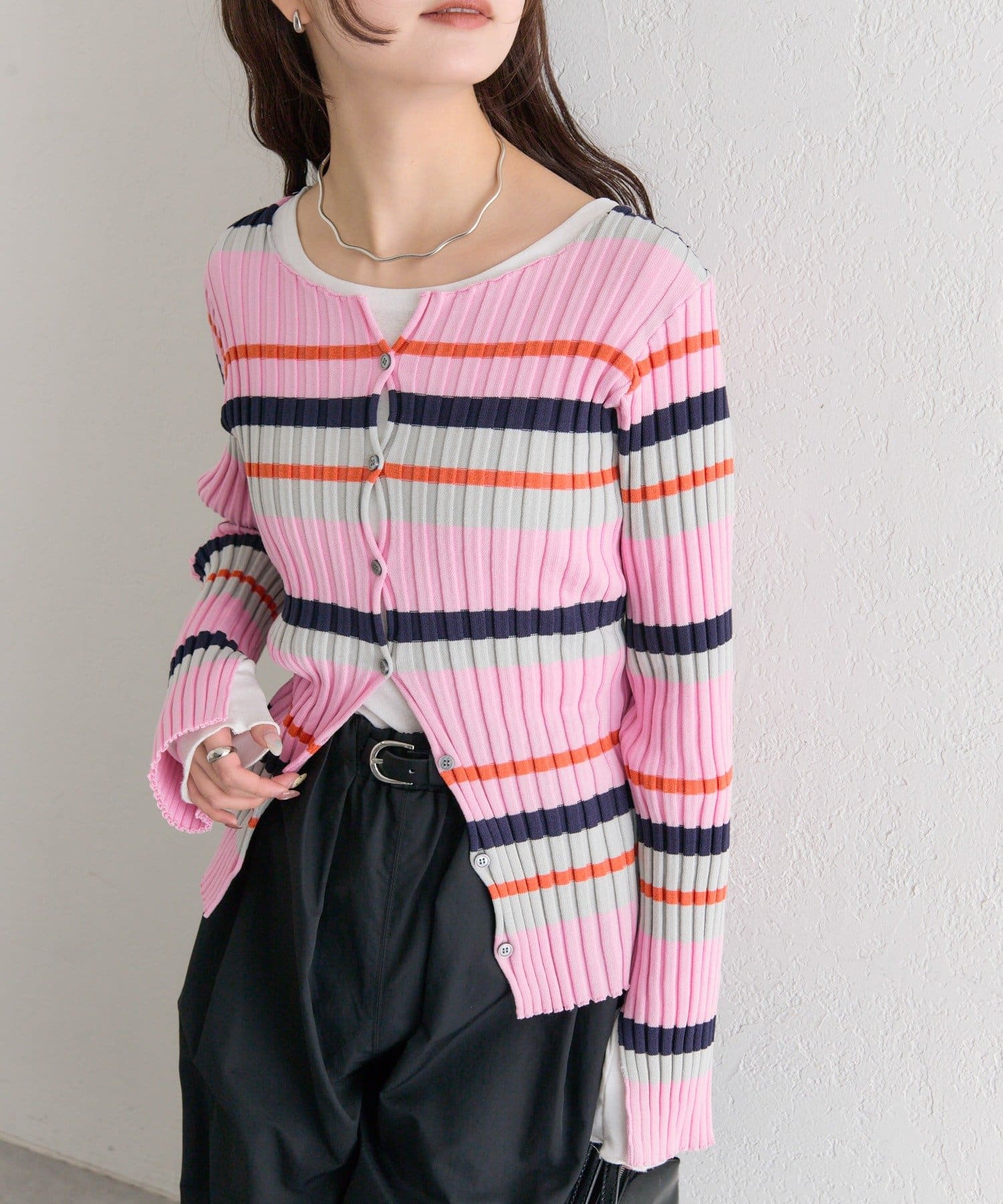 mystic(ミスティック) ラウンドスリットリブカーディガン