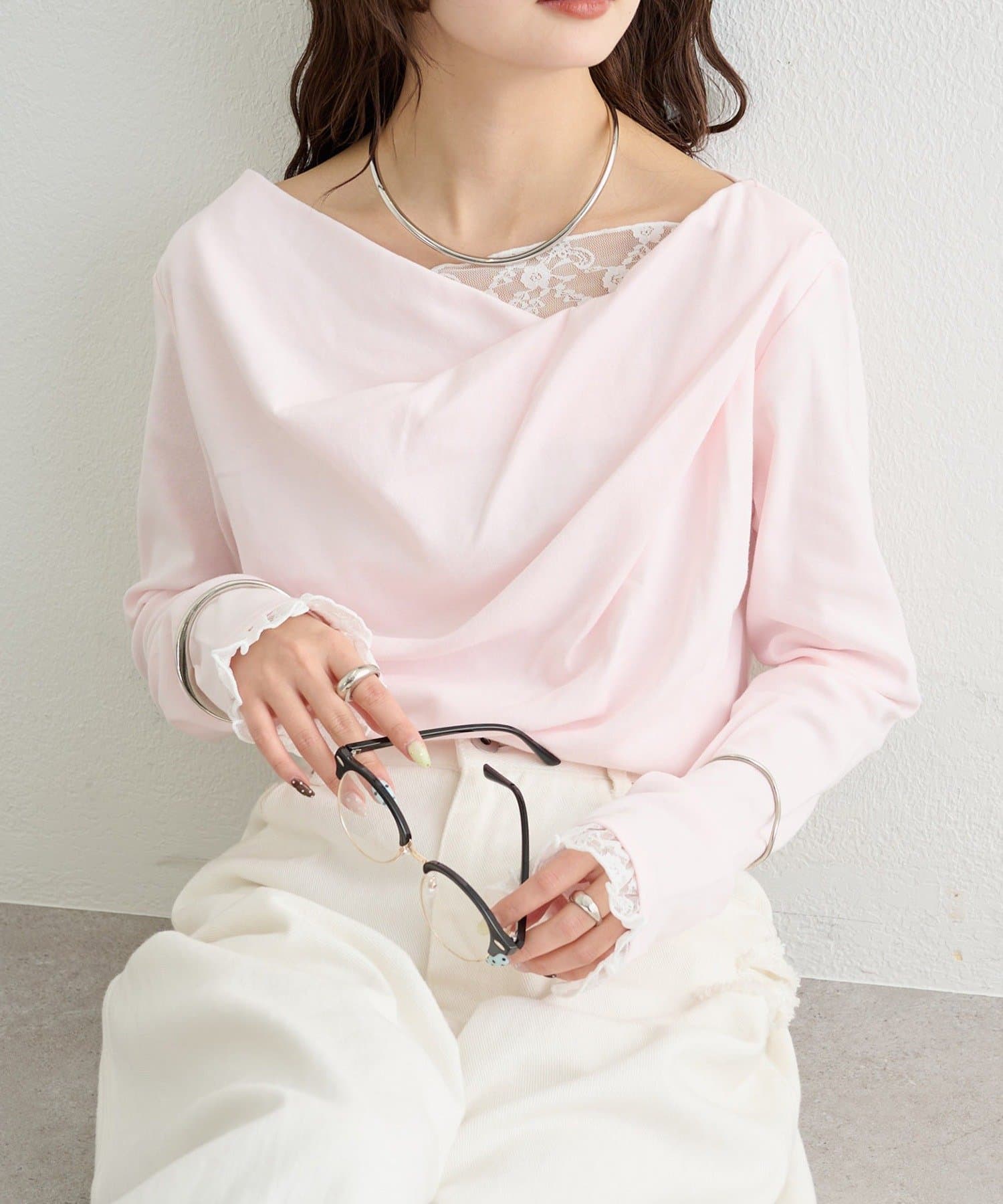 mystic(ミスティック) 《新色WHTドット》【一枚で簡単に決まる】レースドッキングオフショルロンT