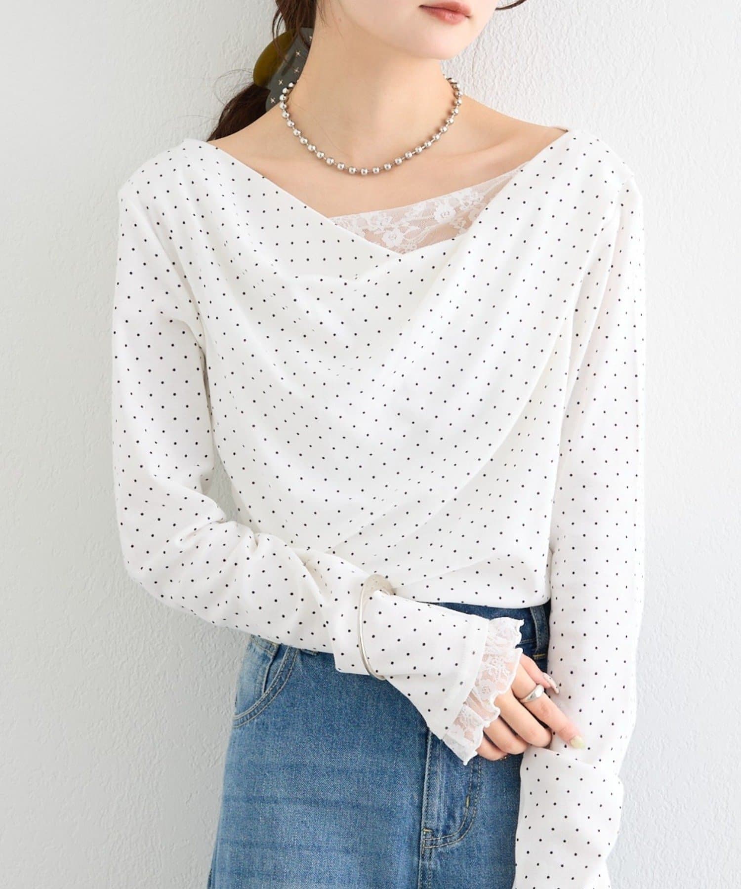 mystic(ミスティック) 《新色WHTドット》【一枚で簡単に決まる】レースドッキングオフショルロンT