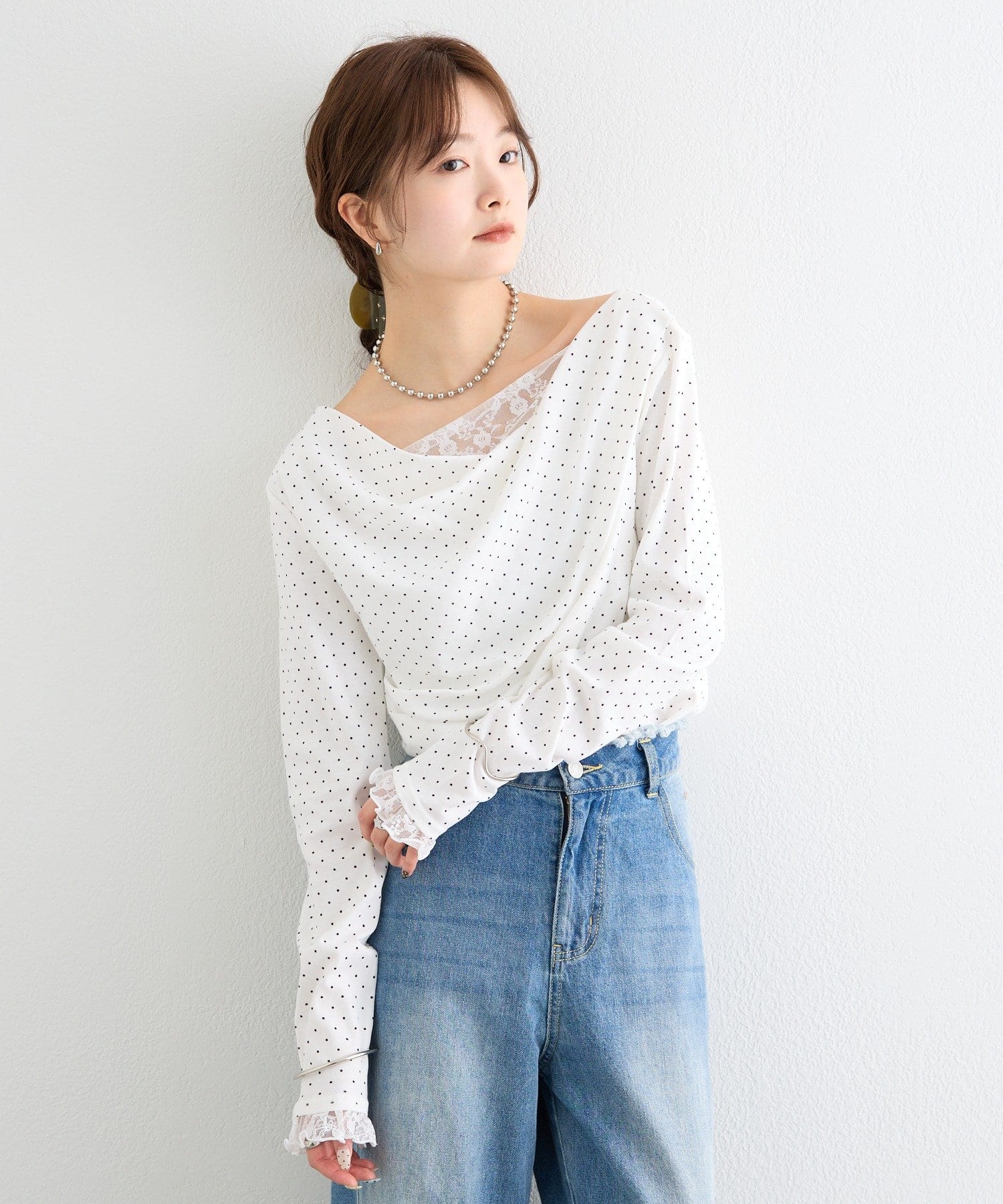mystic(ミスティック) 《新色WHTドット》【一枚で簡単に決まる】レースドッキングオフショルロンT