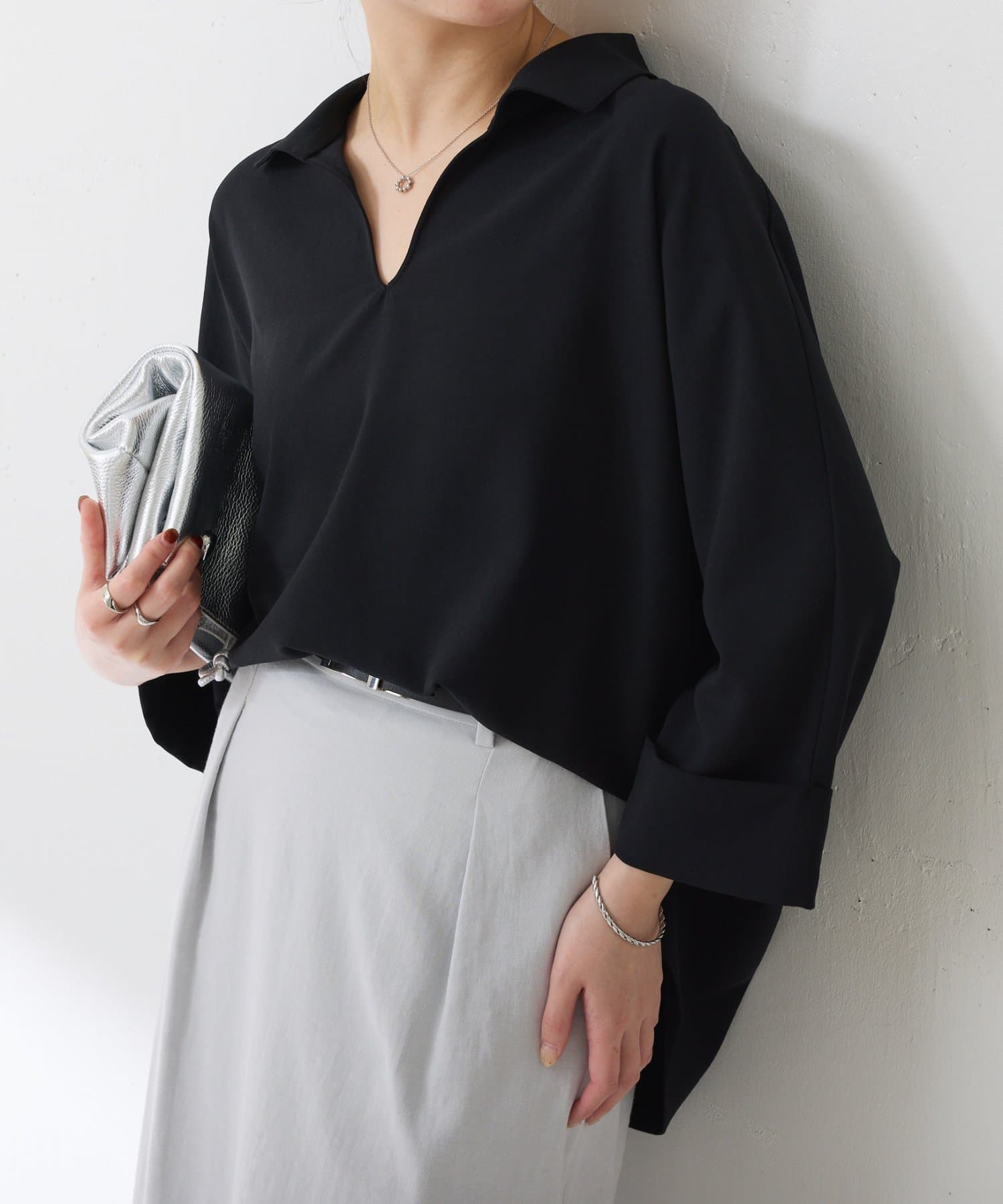 COLLAGE GALLARDAGALANTE(コラージュ ガリャルダガランテ) 【高機能/体型カバー】ジャージスキッパードルマンブラウス/カセット服