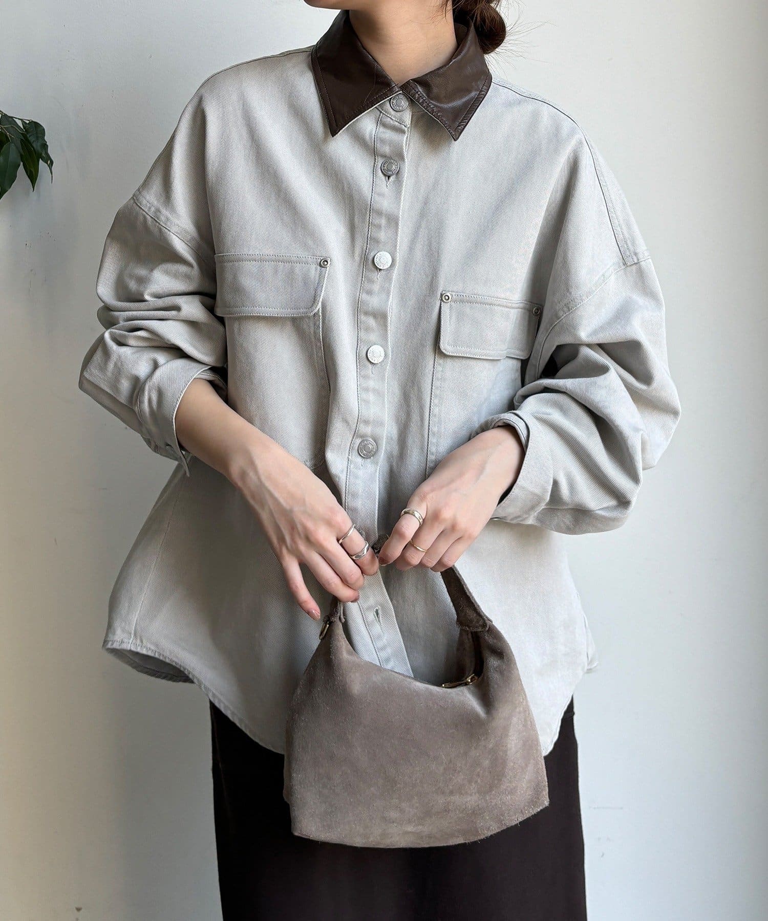 DOUDOU(ドゥドゥ) フェイクレザー衿シャツジャケット