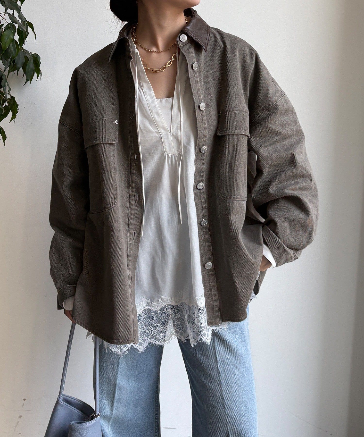 DOUDOU(ドゥドゥ) フェイクレザー衿シャツジャケット