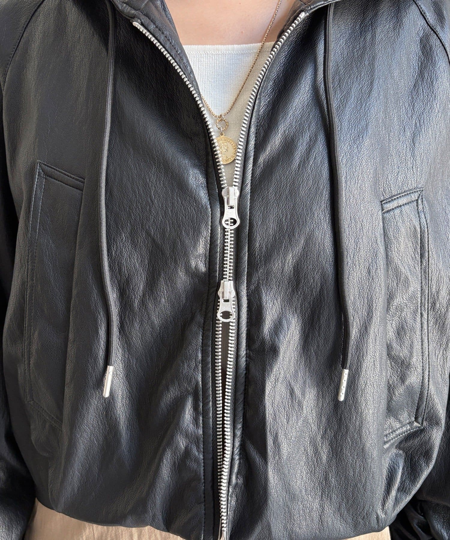 DOUDOU(ドゥドゥ) 【WEB限定】フェイクレザーショートフーディージャケット