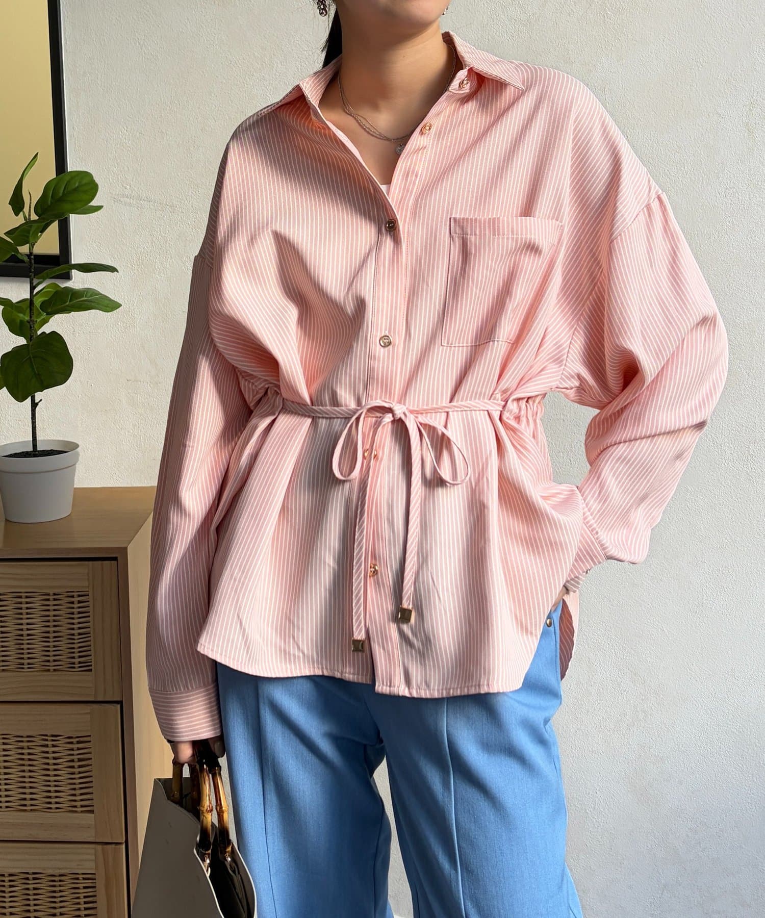 Chez toi(シェトワ) ストライプウエスト絞りシャツ