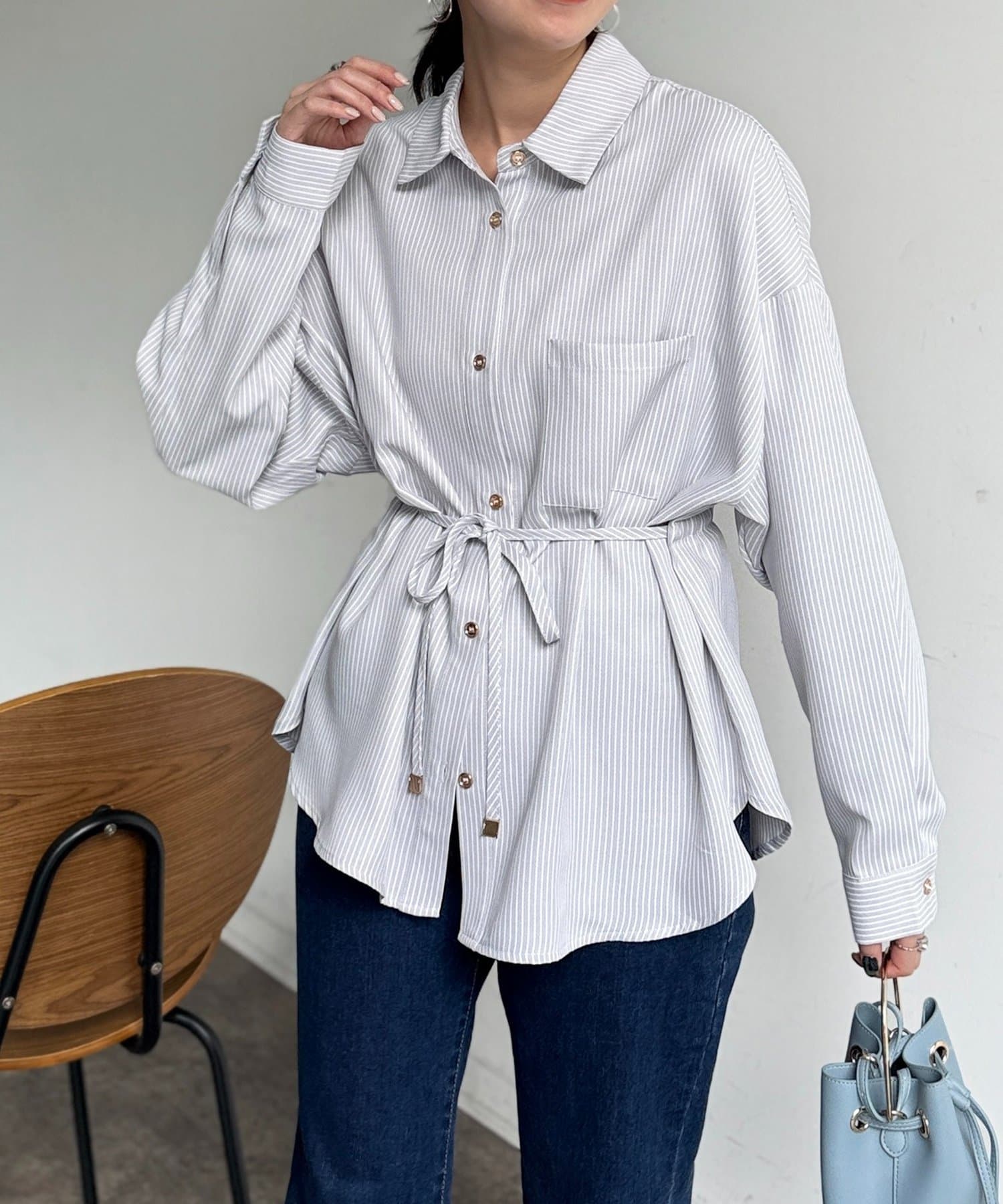 Chez toi(シェトワ) ストライプウエスト絞りシャツ