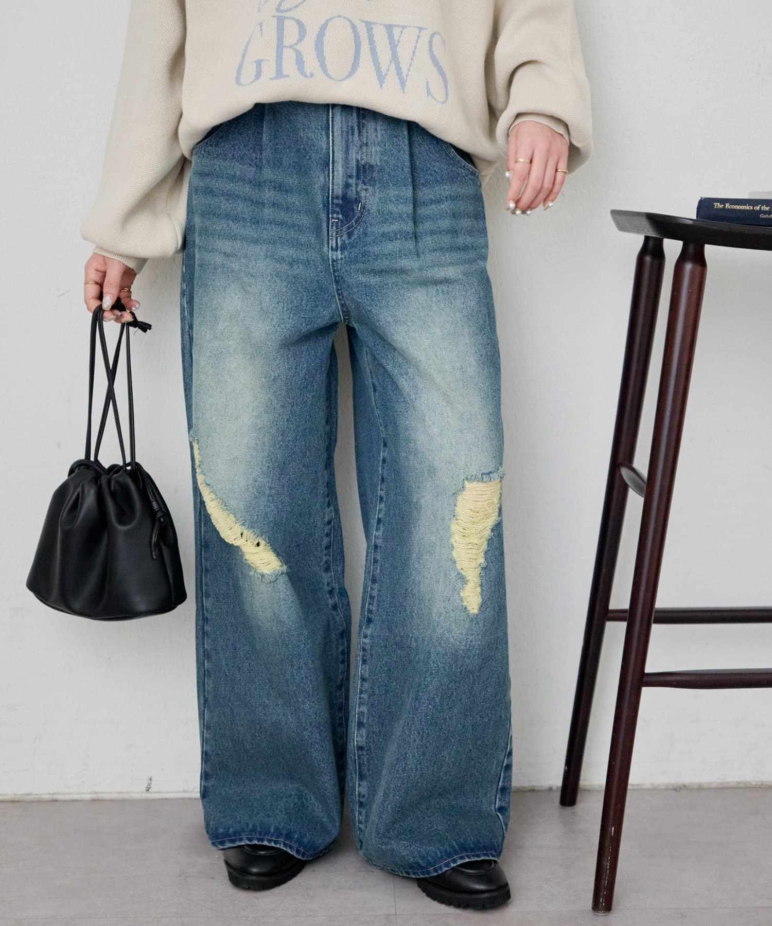 DISCOAT(ディスコート) 【Enlude/ユニセックス】ダメージデニムワイドパンツ