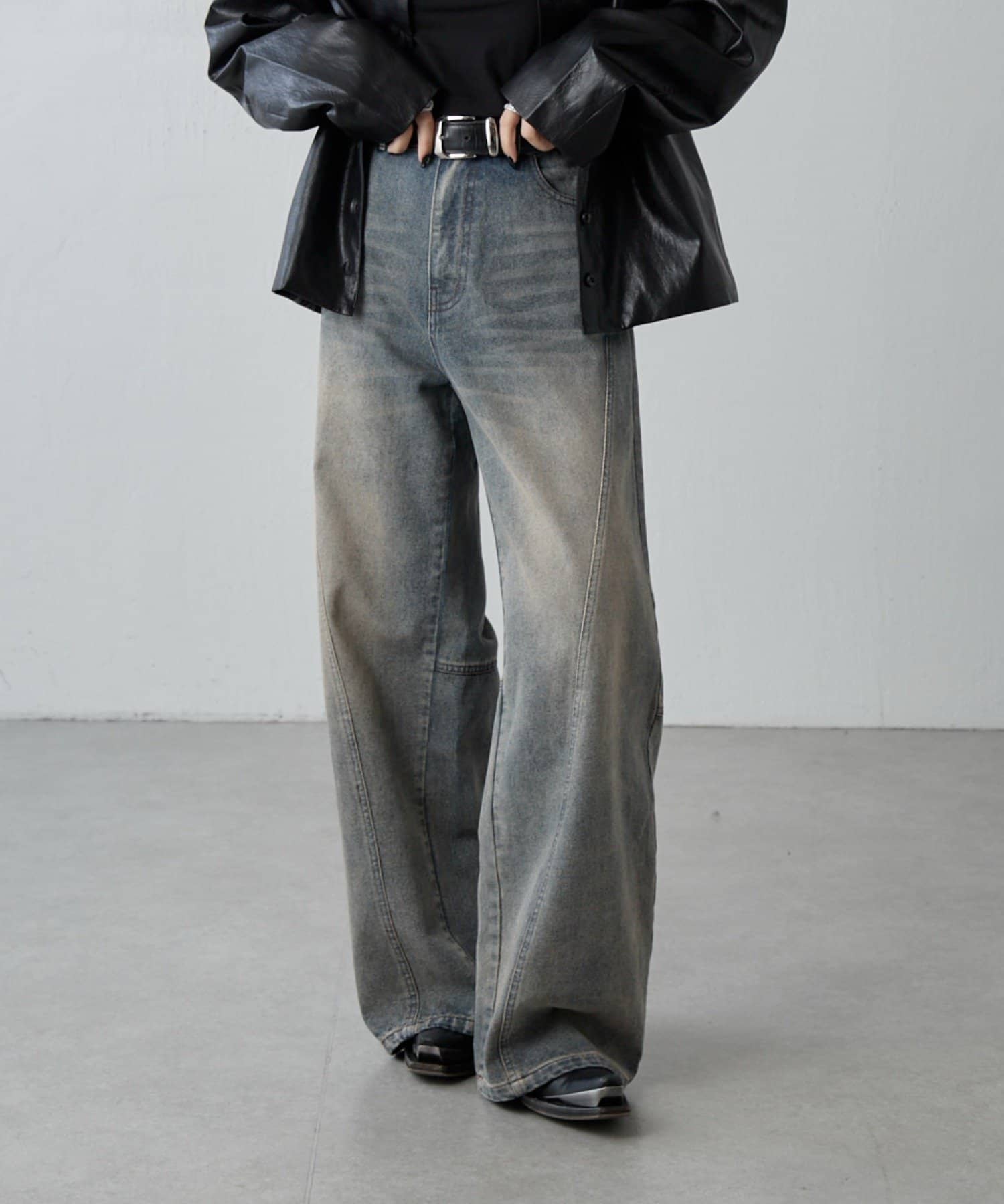 Lui's(ルイス) 切替デザインワイドデニムパンツ