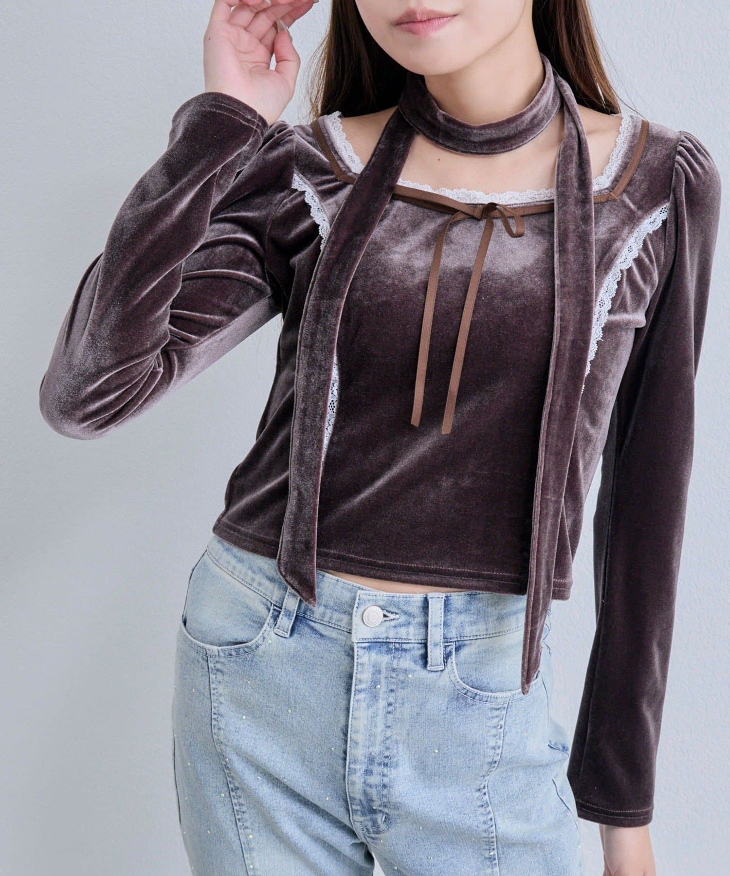 NICE CLAUP / OLIVE des OLIVE OUTLET(ナイスクラップ  / オリーブ デ オリーブ アウトレット) 【OLIVE des OLIVE】タイ付ベロアトップス