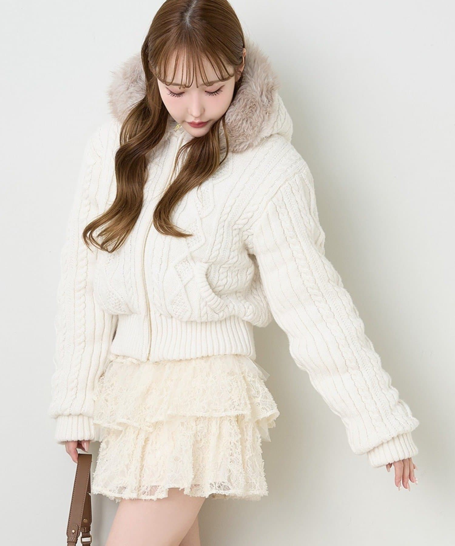 one after another NICE CLAUP(ワンアフターアナザー ナイスクラップ) ケーブルニット中綿ブルゾン