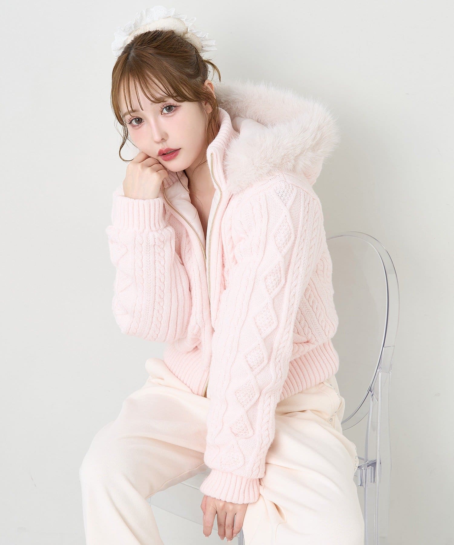 one after another NICE CLAUP(ワンアフターアナザー ナイスクラップ) ケーブルニット中綿ブルゾン