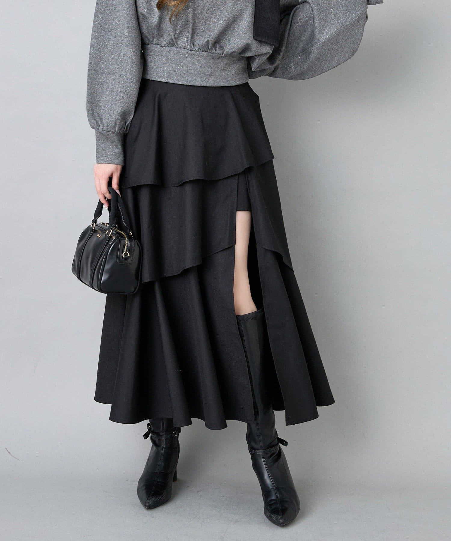 one after another NICE CLAUP(ワンアフターアナザー ナイスクラップ) スリットティアードロングスカート／後ろレースアップ