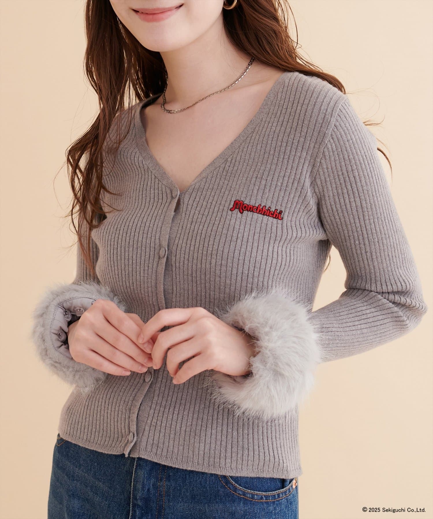 natural couture(ナチュラルクチュール) 【モンチッチ×natural couture】袖ファーリブカーデ