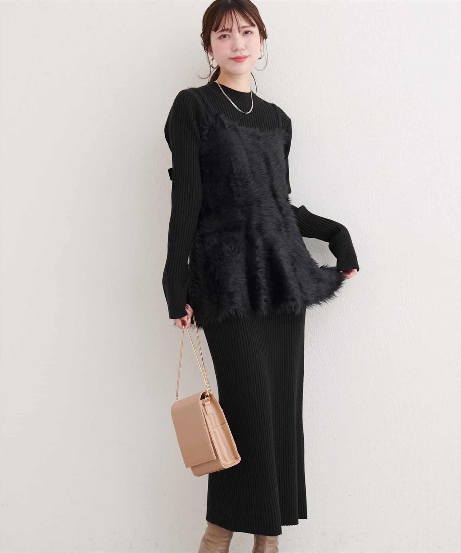 natural couture(ナチュラルクチュール) バックリボンペプラムビスチェ＋ニットワンピース