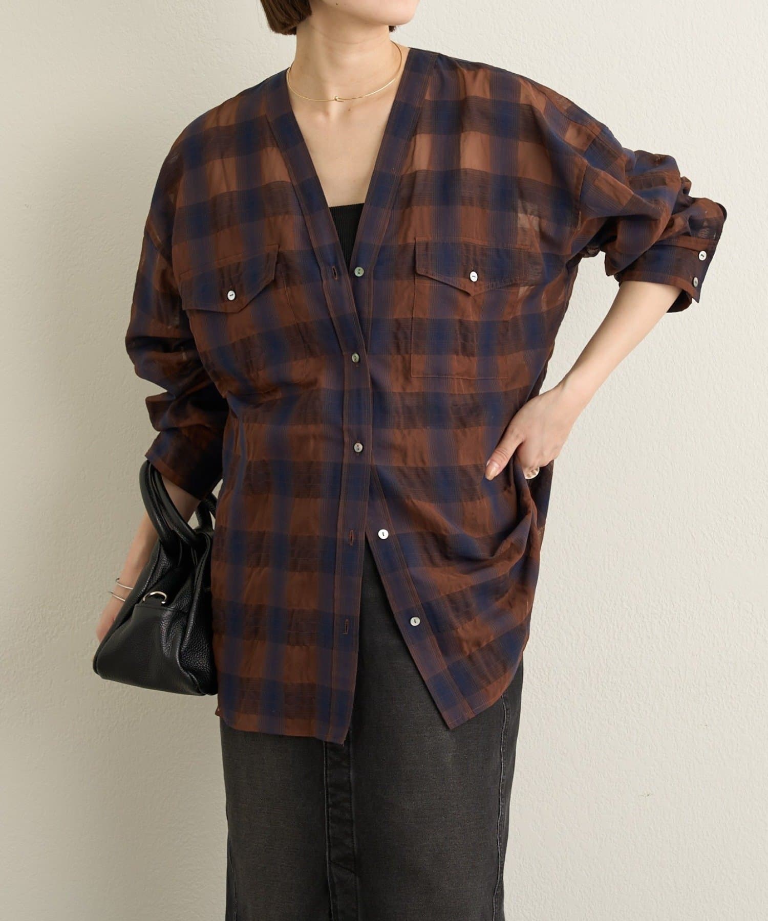 Omekashi(オメカシ) シアーチェックカラーレスブラウス