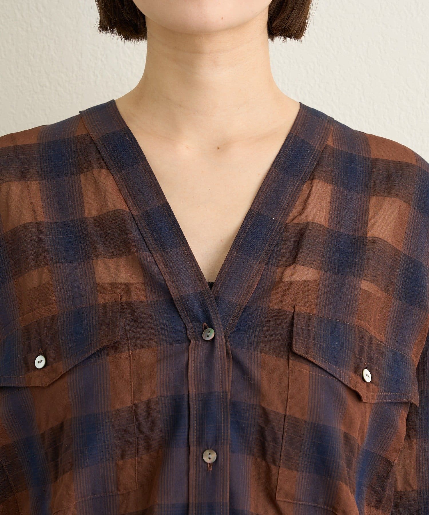 Omekashi(オメカシ) シアーチェックカラーレスブラウス