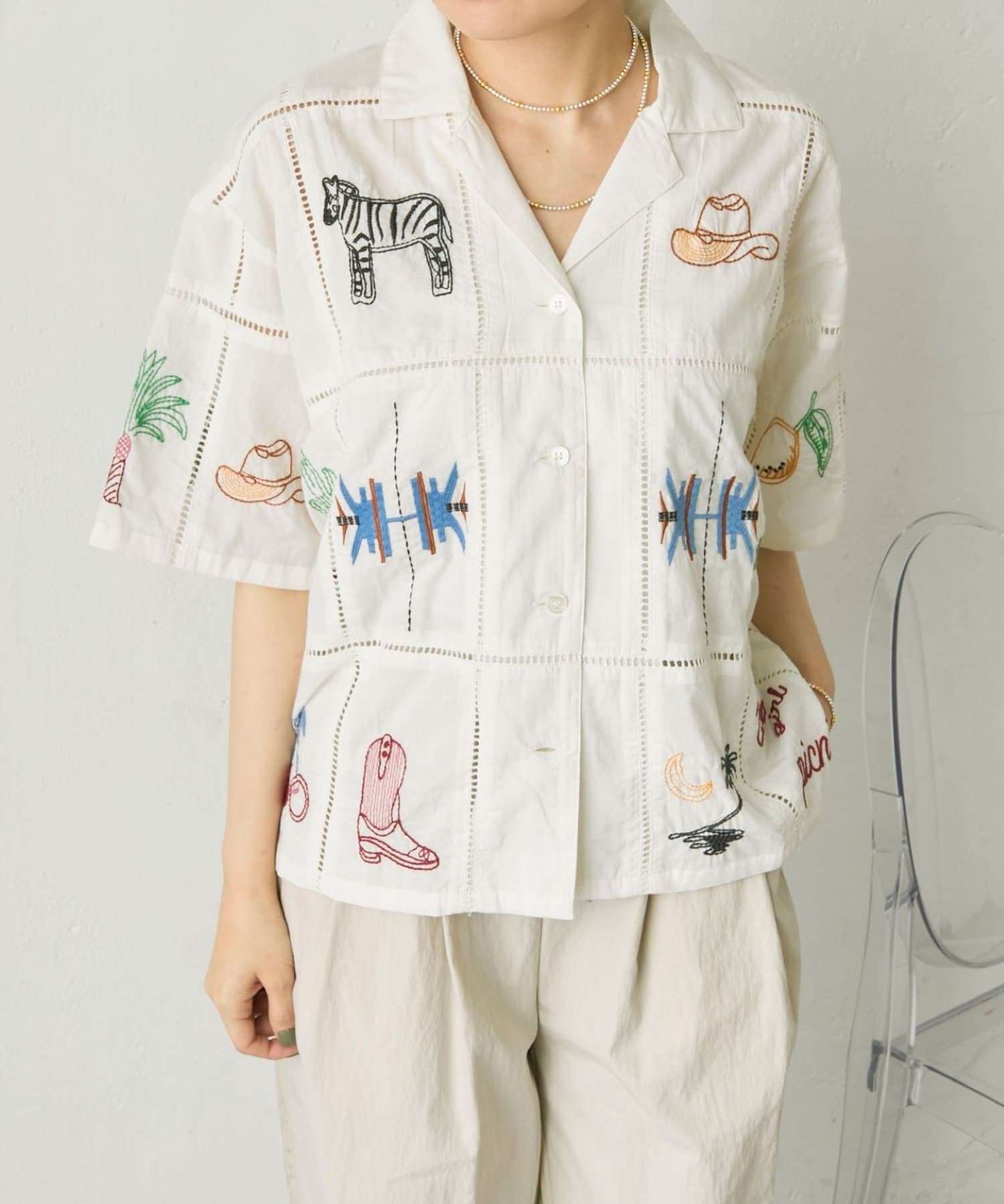 ear PAPILLONNER(イア パピヨネ) 《綿100％》方眼刺しゅうシャツ【SUM1 STYLE(スミスタイル)】