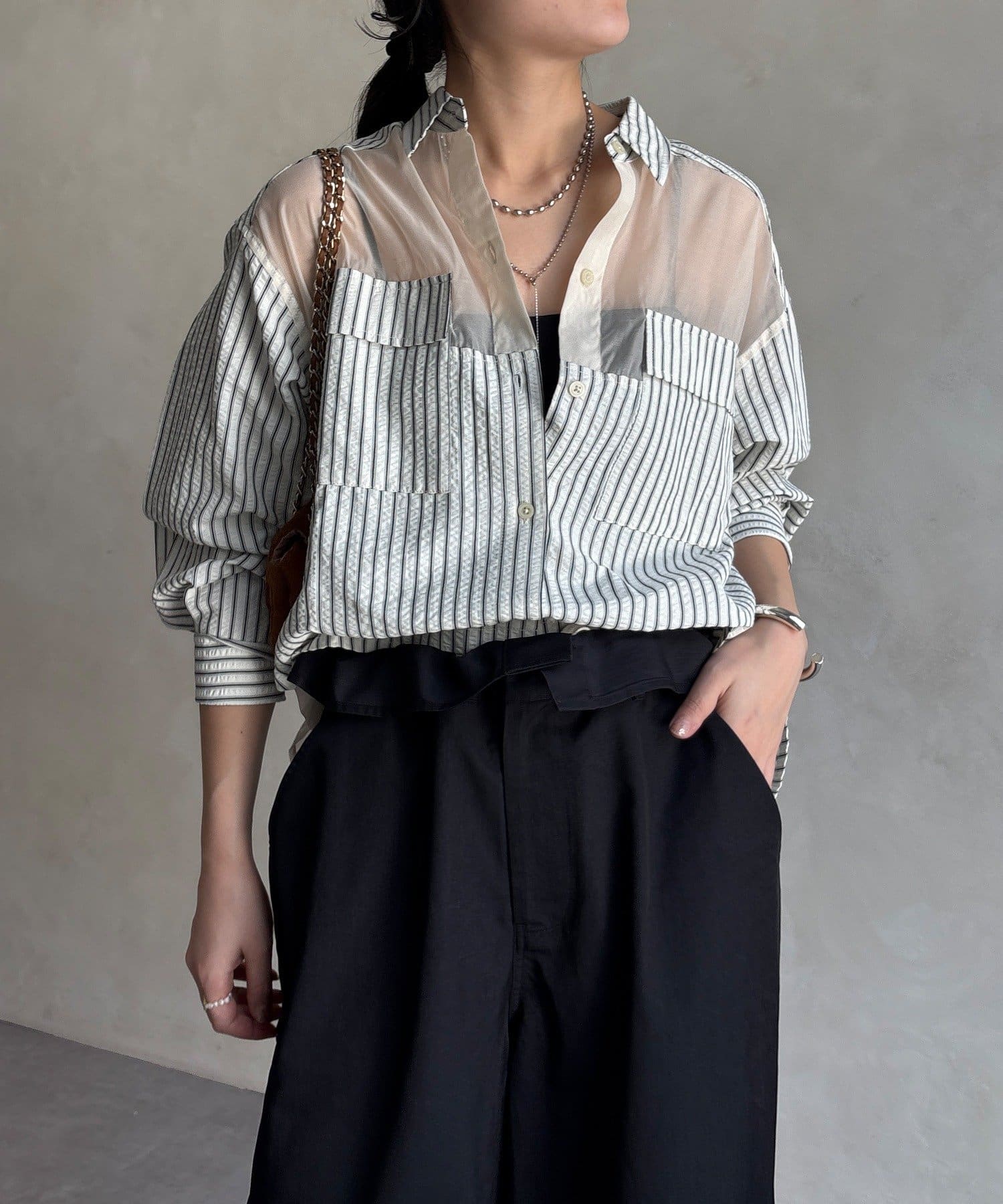 DOUDOU(ドゥドゥ) 【WEB限定】ストライプシアー切替シャツ