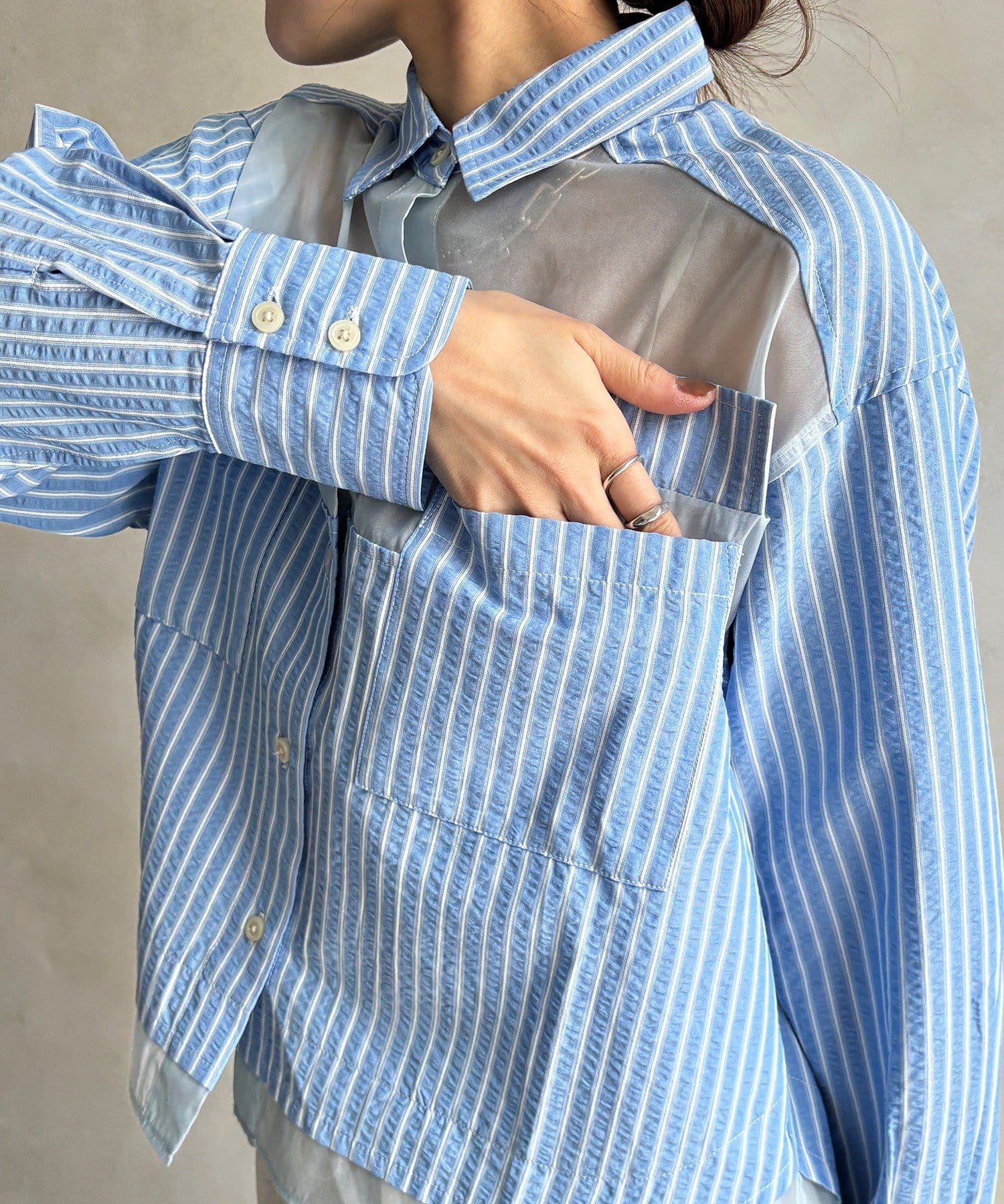 DOUDOU(ドゥドゥ) 【WEB限定】ストライプシアー切替シャツ