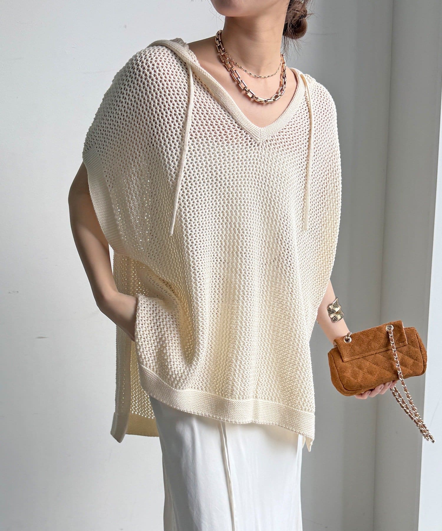 DOUDOU(ドゥドゥ) 【WEB限定】コットンニットメッシュフーディーベスト