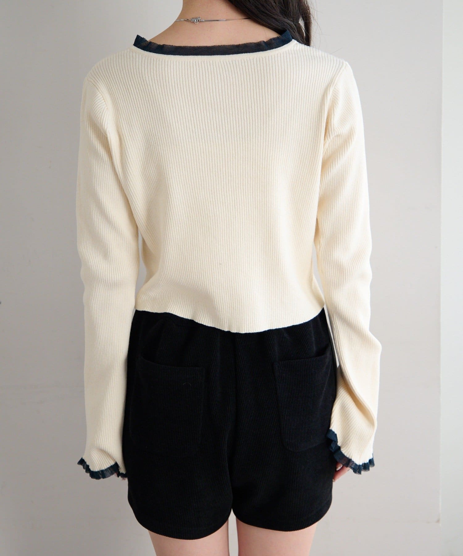 Kastane(カスタネ) 【無地&ボーダー】パールボタンフリルカーディガン