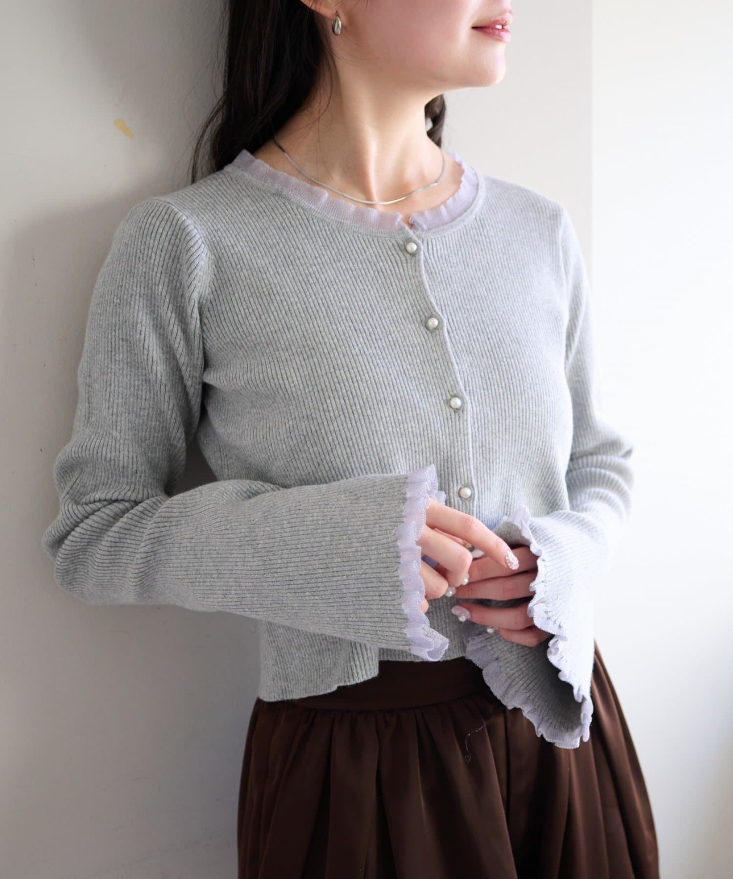 Kastane(カスタネ) 【無地&ボーダー】パールボタンフリルカーディガン