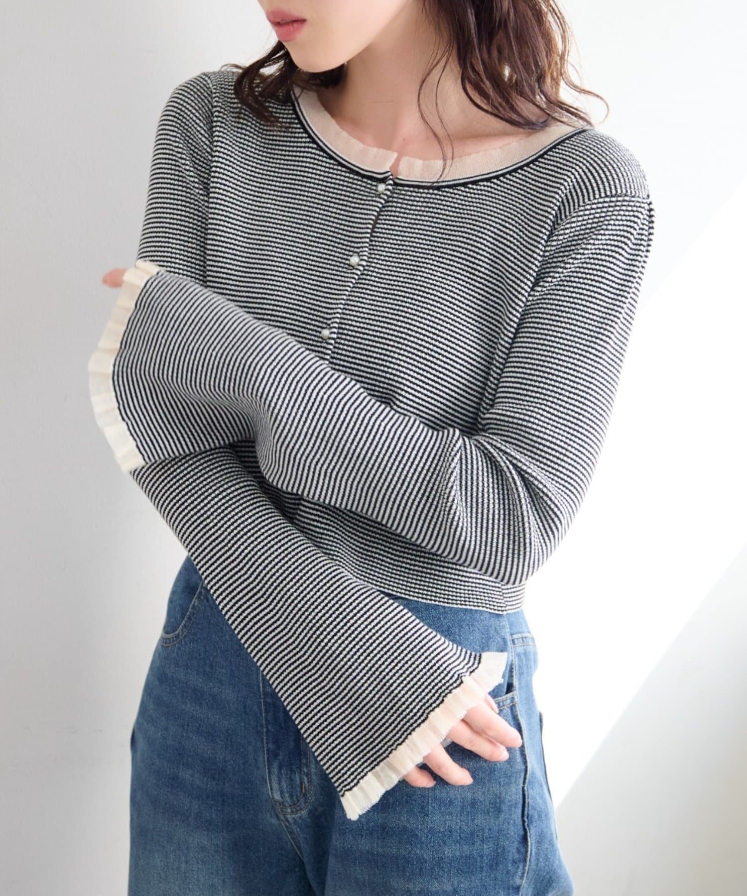 Kastane(カスタネ) 【無地&ボーダー】パールボタンフリルカーディガン