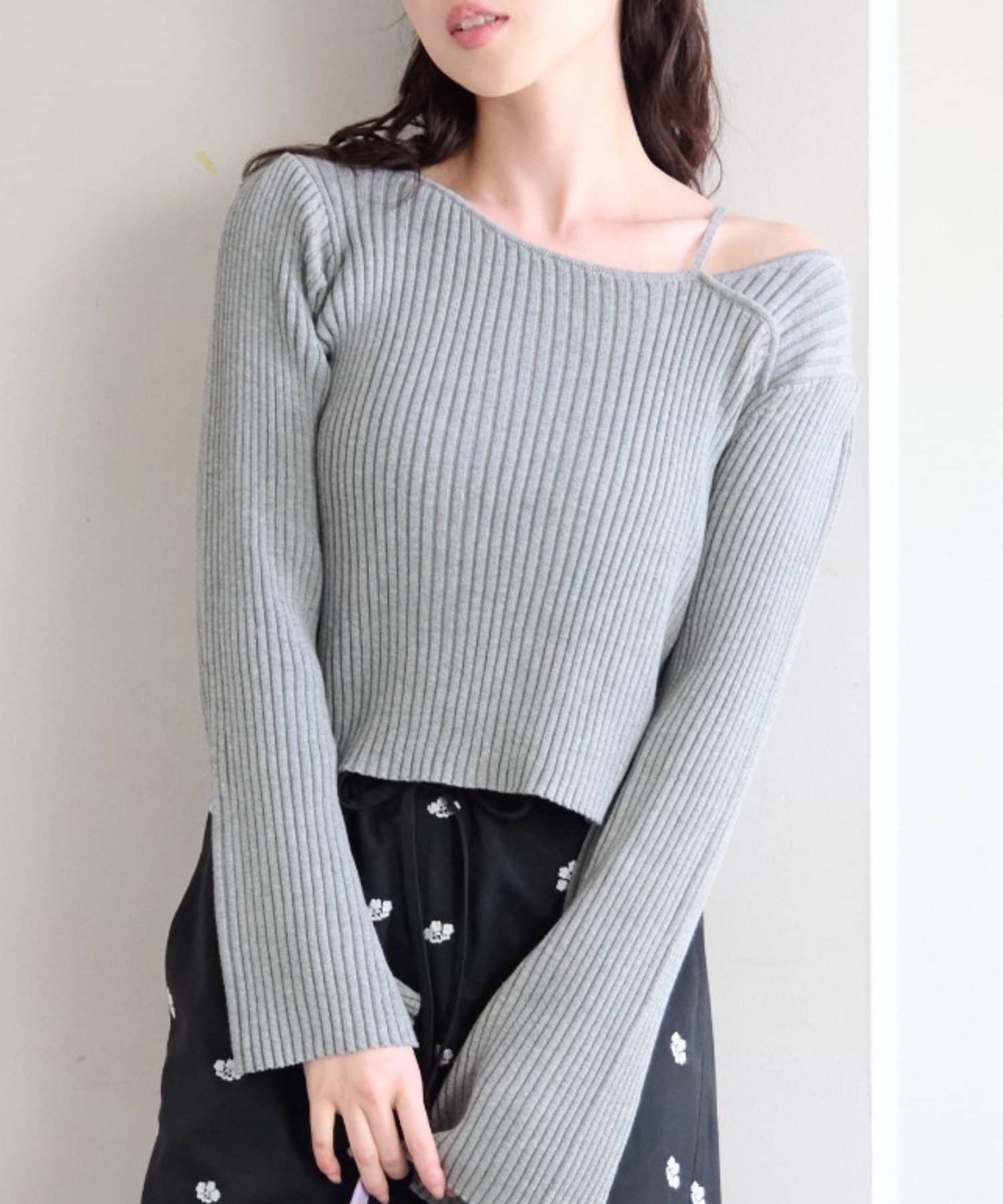 Kastane(カスタネ) 【ボーダー＆無地】フレアスリーブリブニット