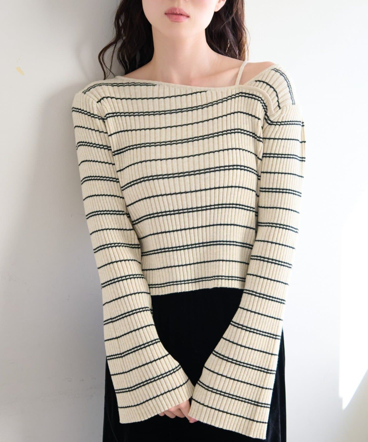 Kastane(カスタネ) 【ボーダー＆無地】フレアスリーブリブニット