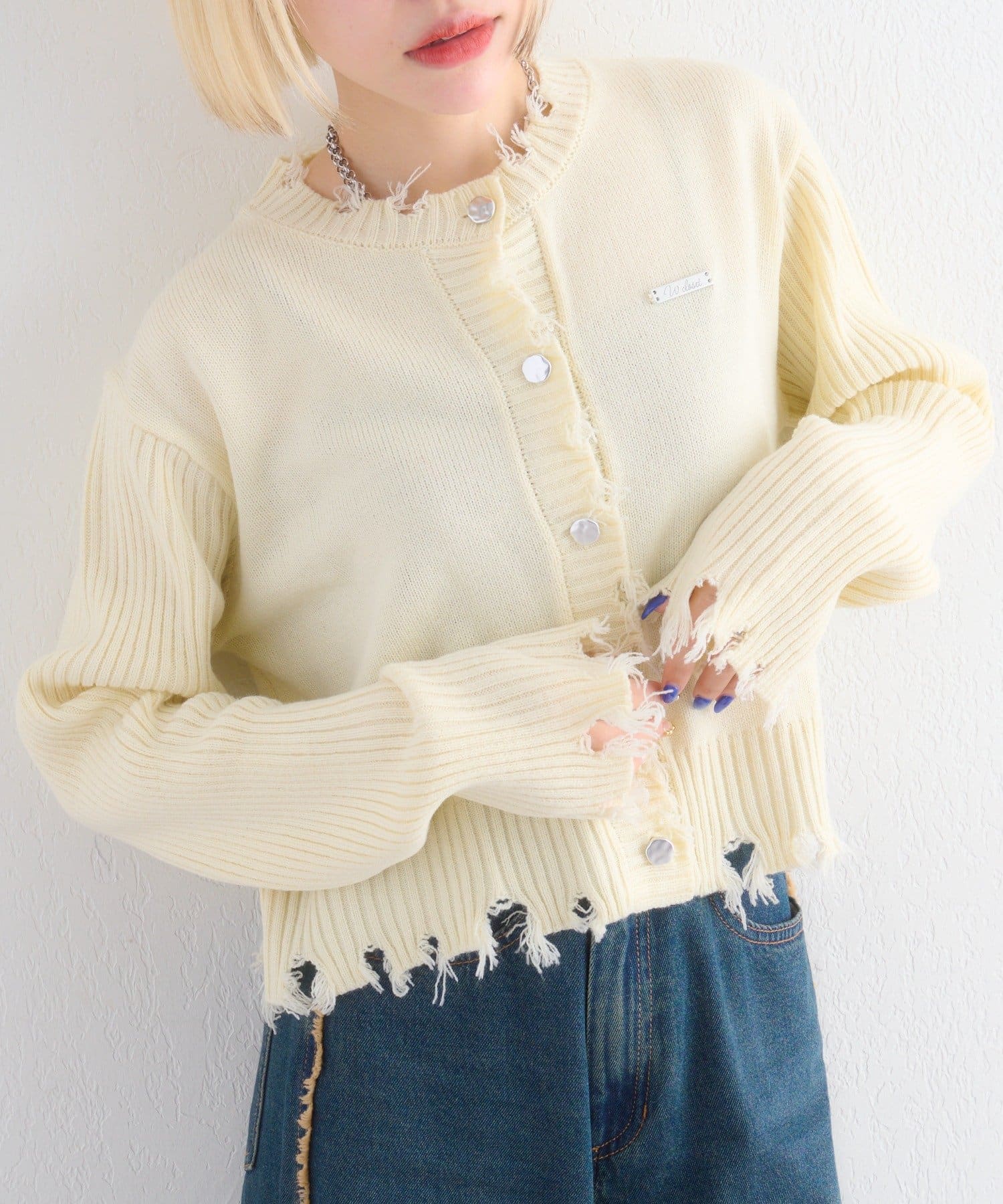 w closet(ダブルクローゼット) プレートダメージカーディガン