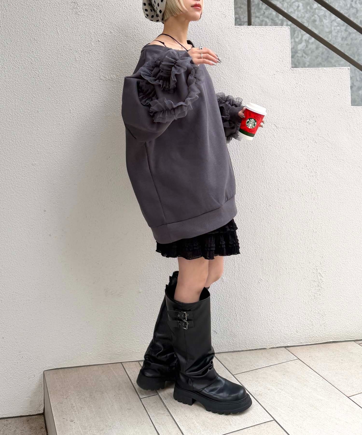 w closet(ダブルクローゼット) 【12/10 18:30 予約開始！】【ショート丈(S)/ロング丈展開(M)】チュールフリルスウェット