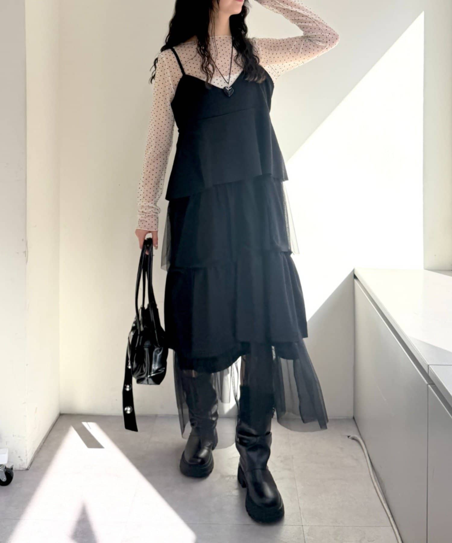 w closet(ダブルクローゼット) ミックスティアードキャミワンピ