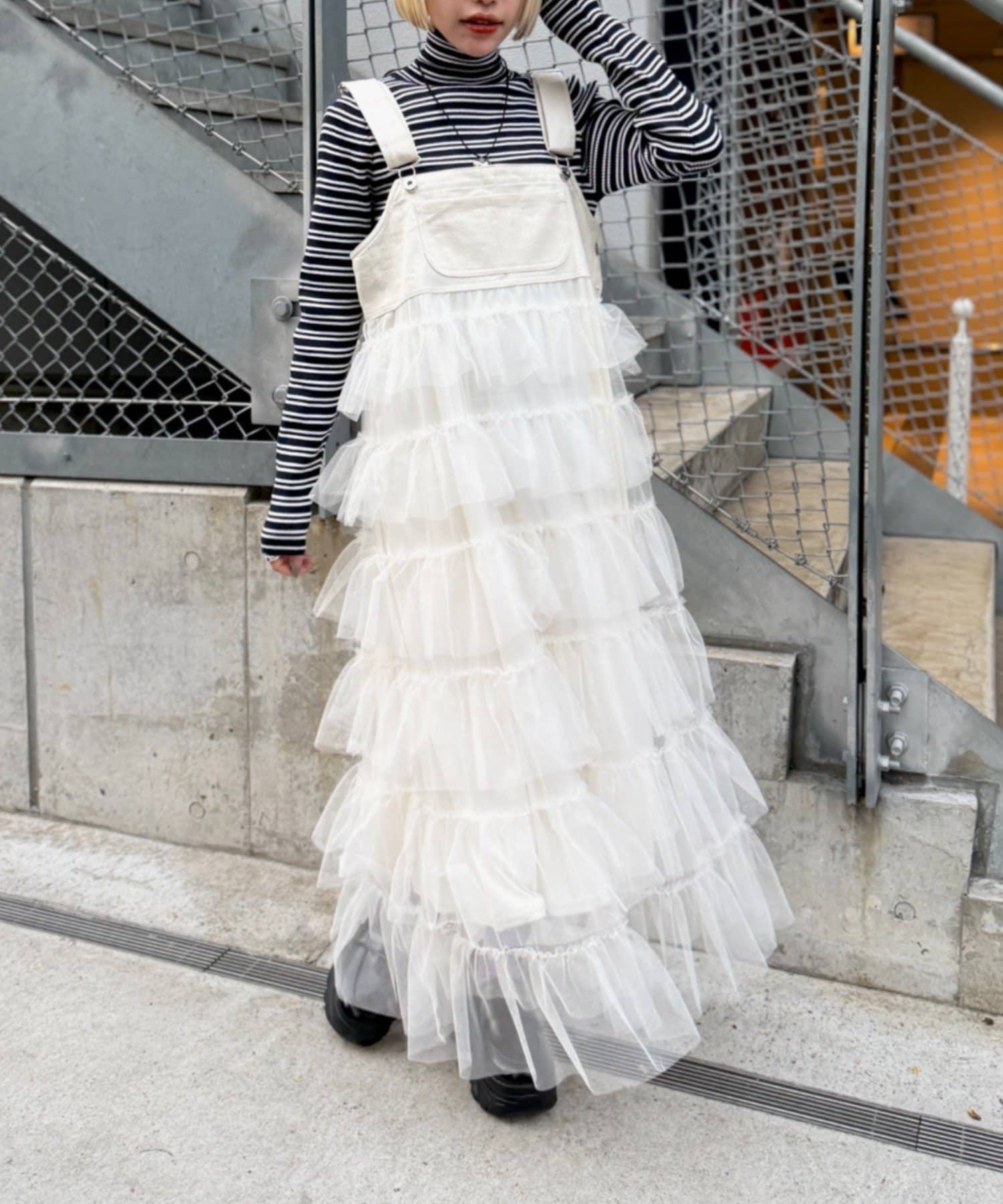 w closet(ダブルクローゼット) 【チュール素材/チェック柄】フリルティアードジャンスカ