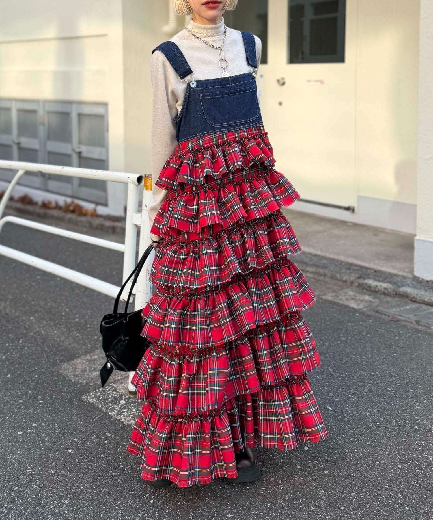 w closet(ダブルクローゼット) 【チュール素材/チェック柄】フリルティアードジャンスカ