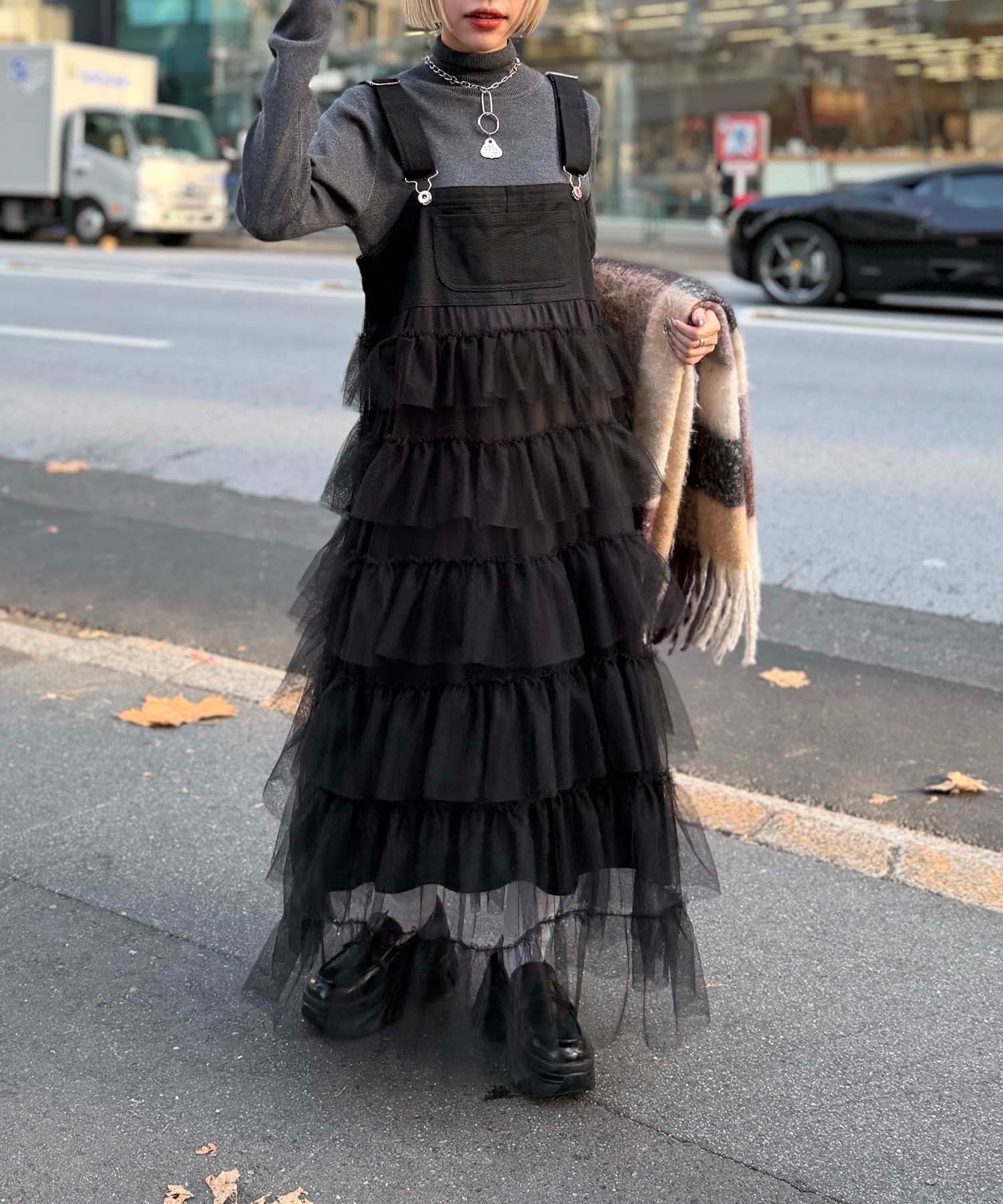 w closet(ダブルクローゼット) 【チュール素材/チェック柄】フリルティアードジャンスカ