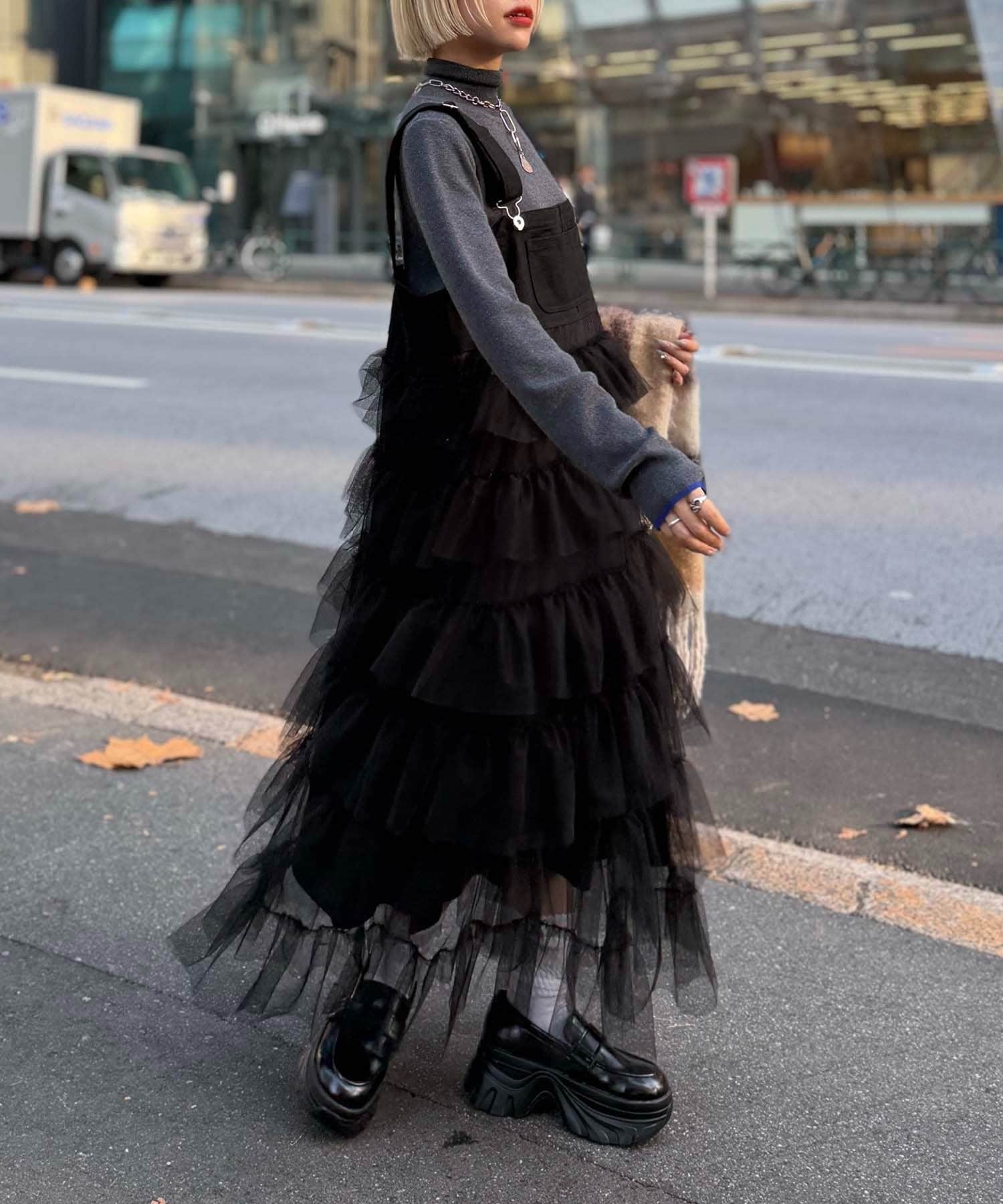 w closet(ダブルクローゼット) 【チュール素材/チェック柄】フリルティアードジャンスカ