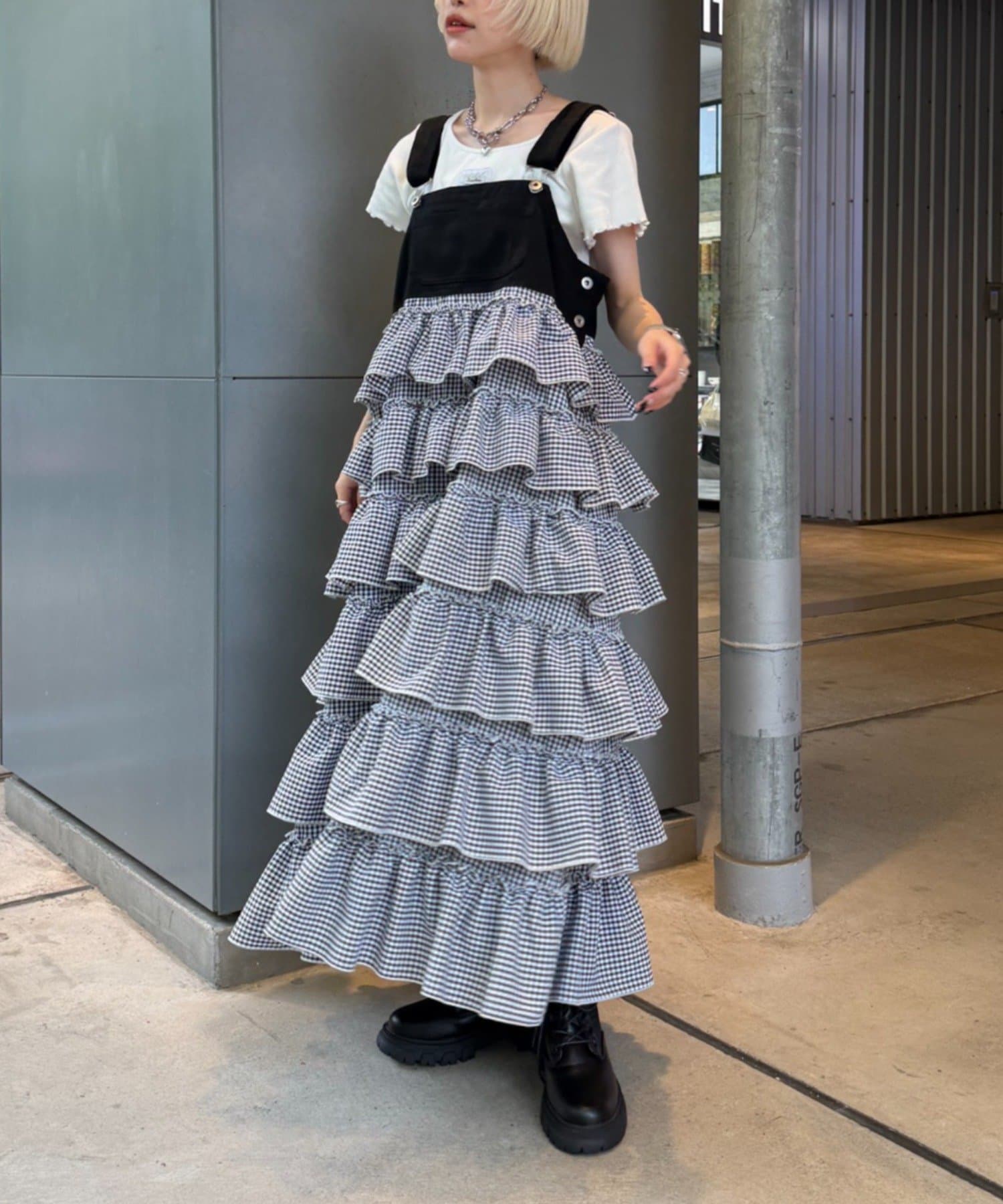 w closet(ダブルクローゼット) 【オールシーズン使える！】【新色ギンガムチェック登場】フリルティアードジャンパースカート / レイヤードワンピース