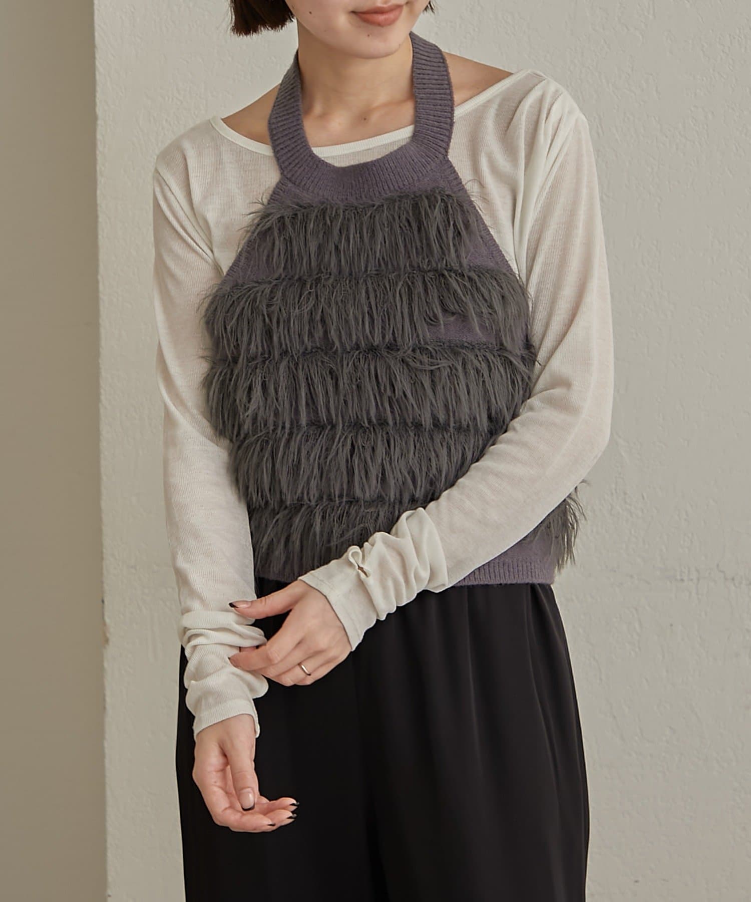 OUTLET(アウトレット) 【Omekashi】フリンジホルタービスチェ