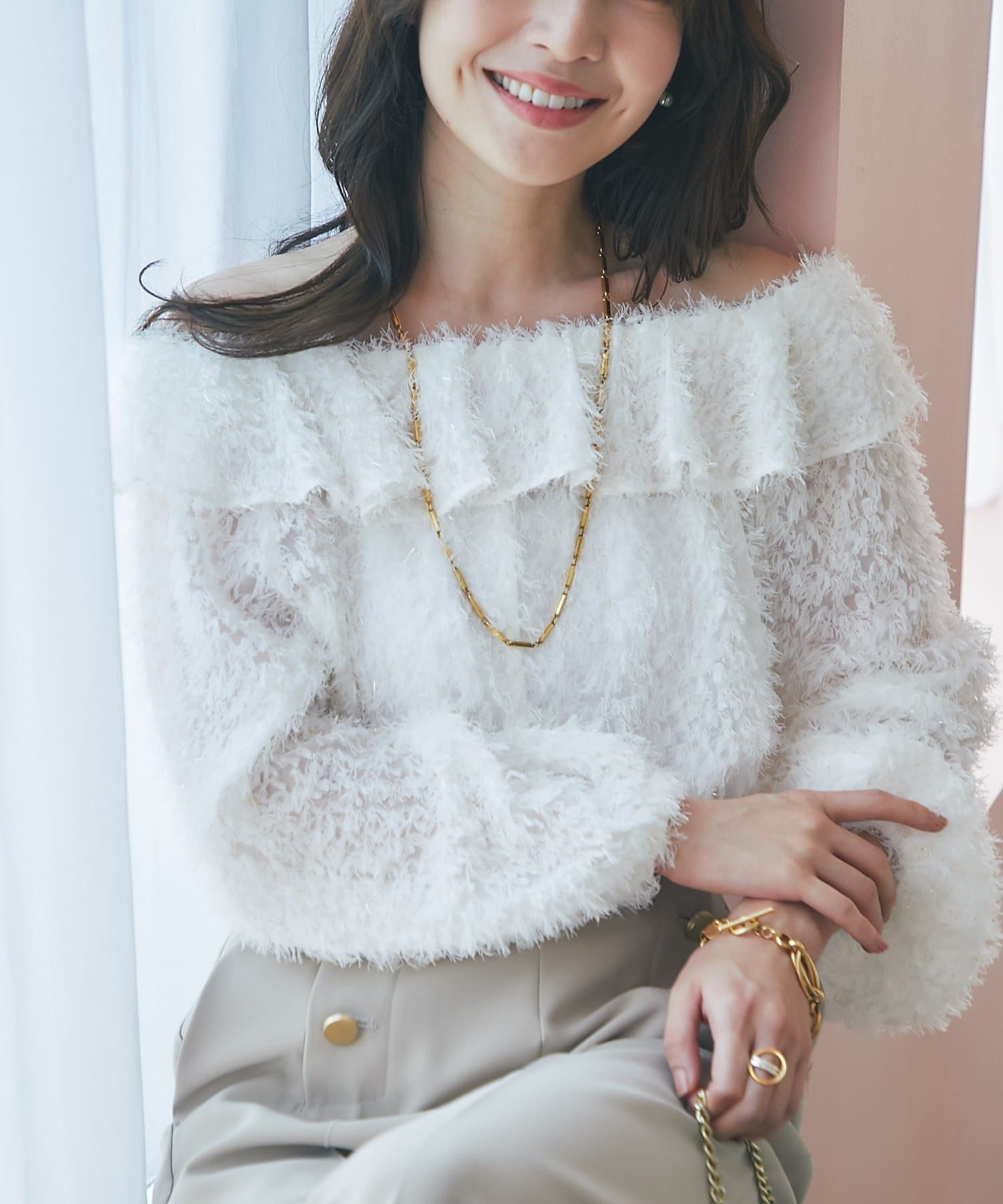 OUTLET(アウトレット) 【La boutique BonBon】フェザージャガードフリルカラーブラウス