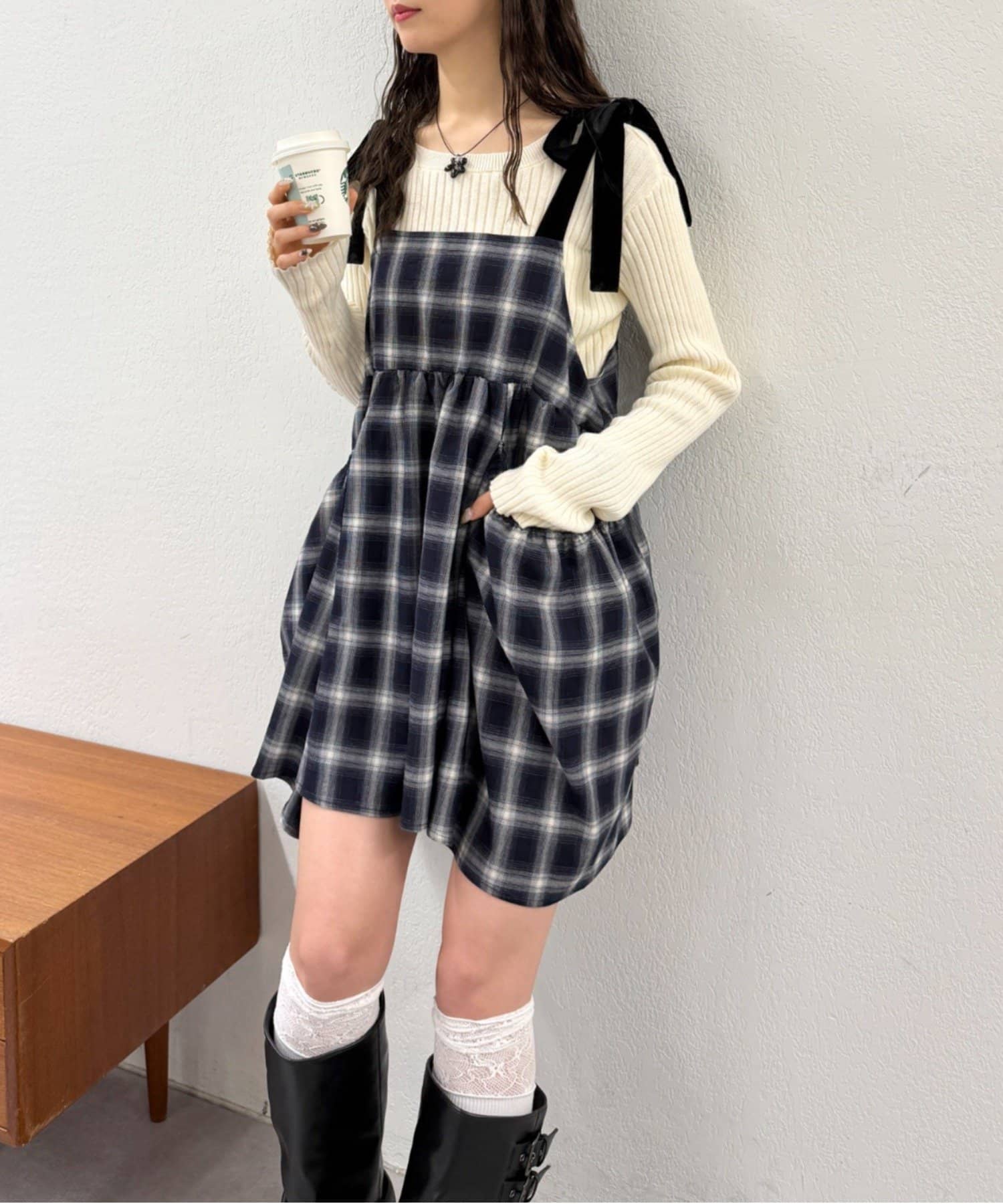 OUTLET(アウトレット) 【w closet】肩リボンチェックキャミワンピース