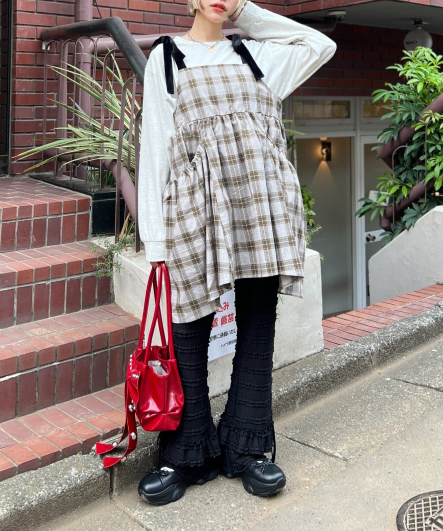 OUTLET(アウトレット) 【w closet】肩リボンチェックキャミワンピース